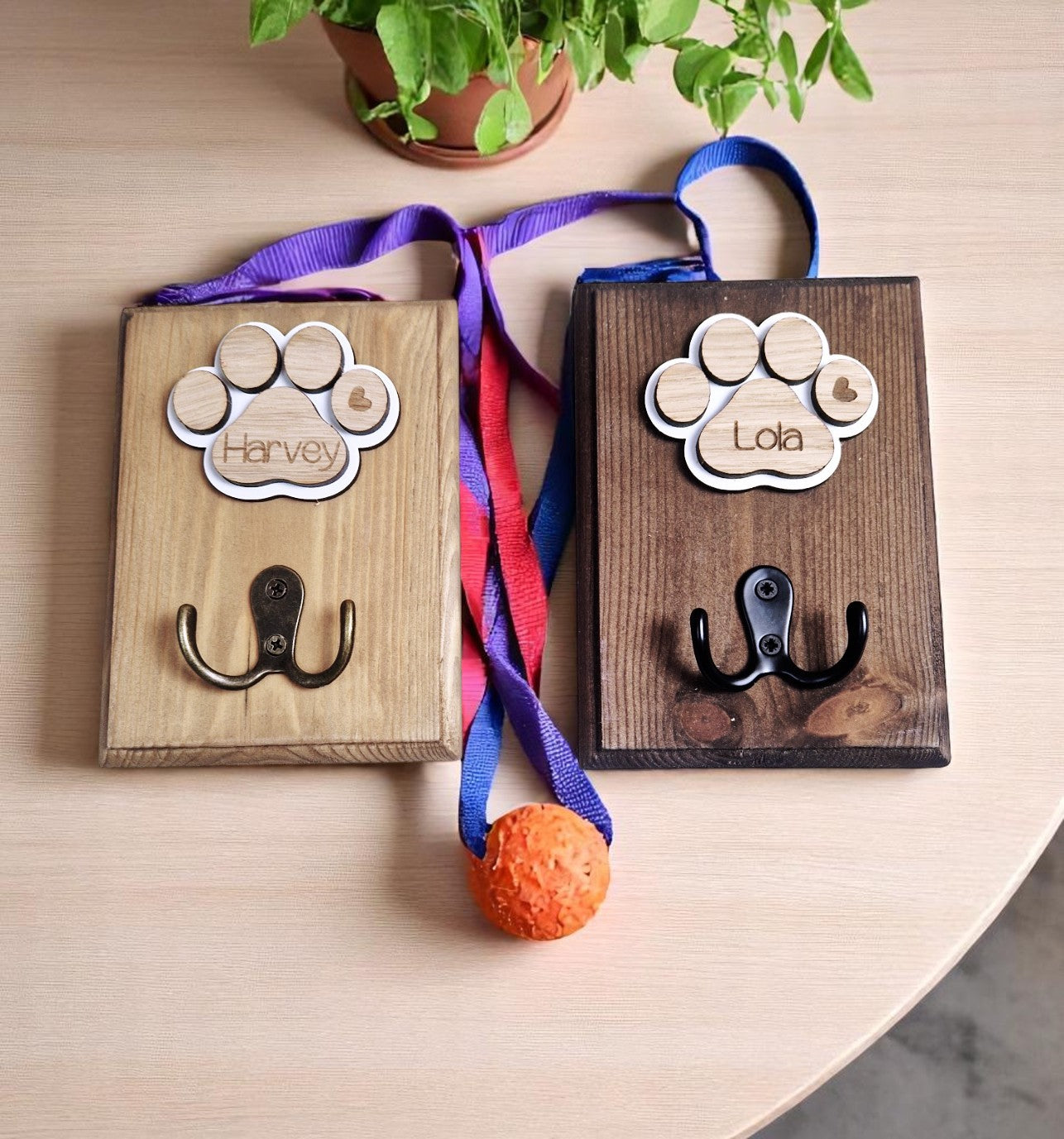 Personalised wooden dog leash hanger,.