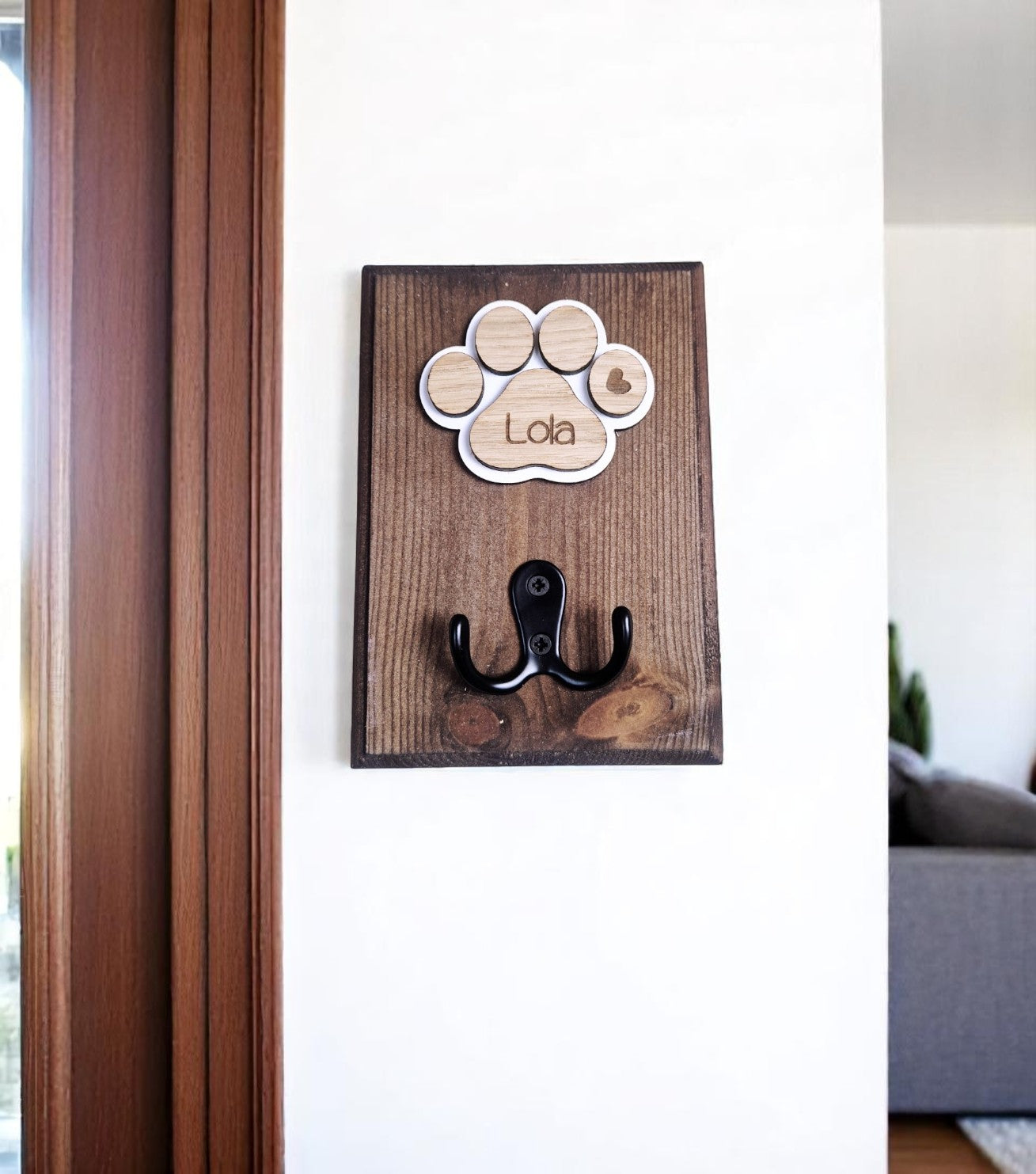 Personalised wooden dog leash hanger,.