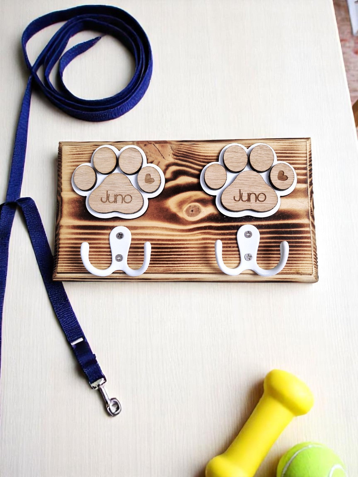 Personalised wooden dog leash hanger,.