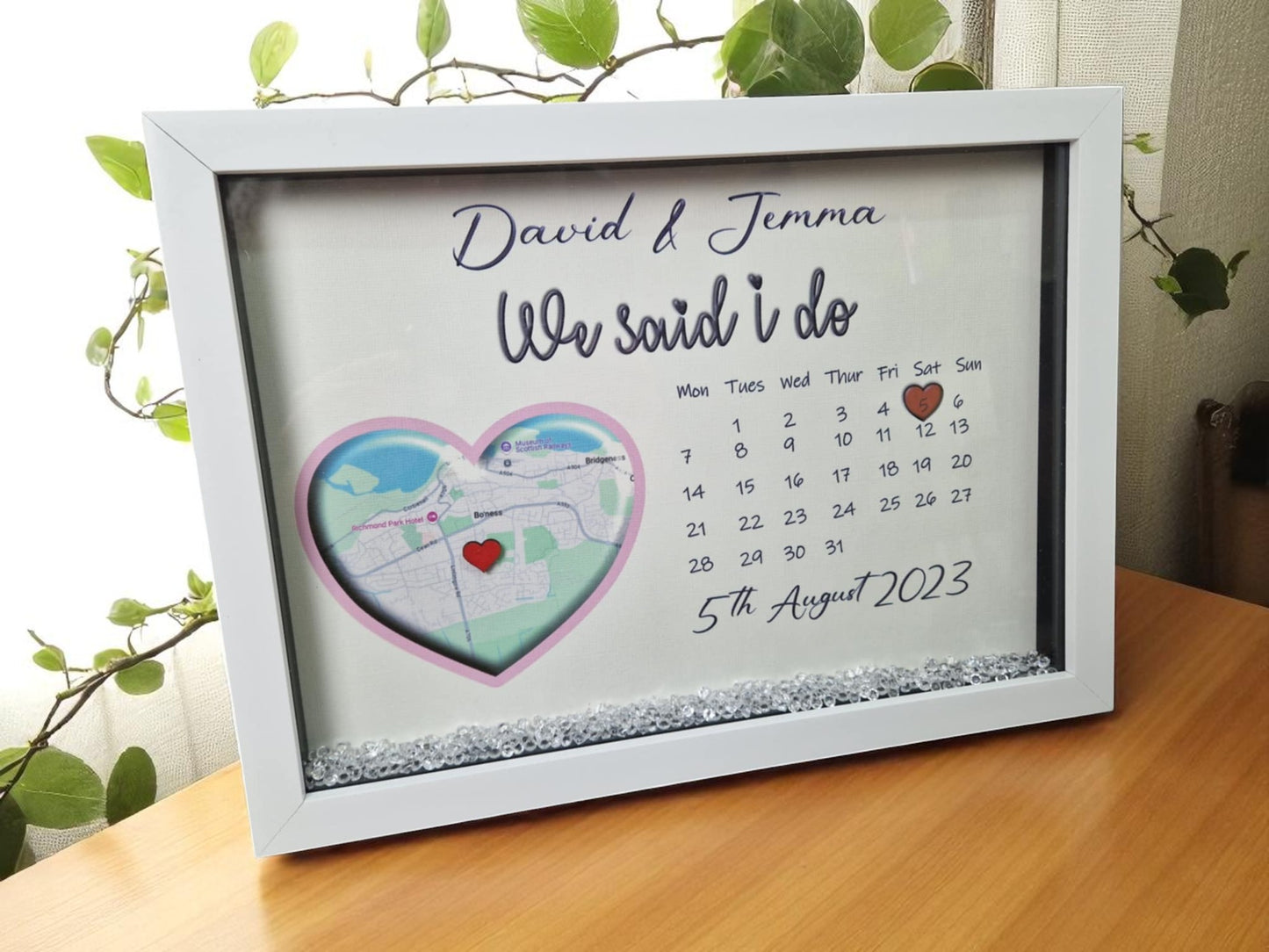 Personalised framed wedding map gift.