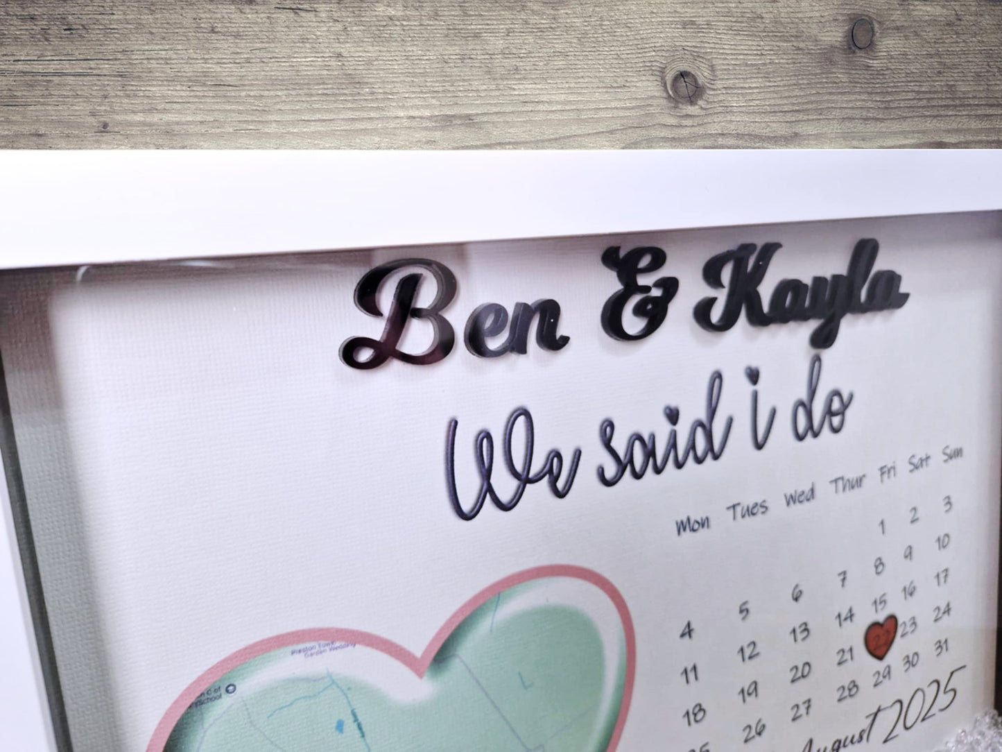 Personalised framed wedding map gift.