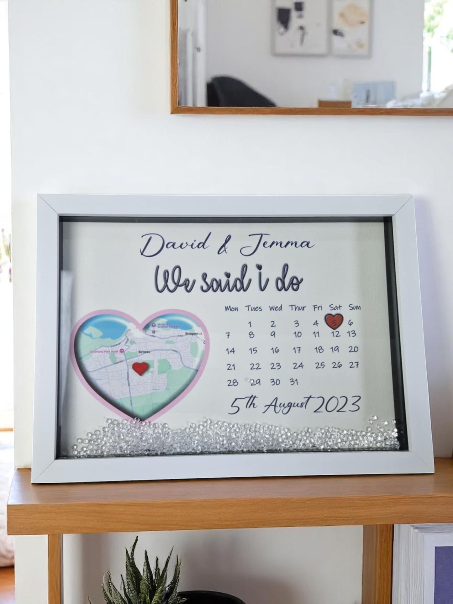 Personalised framed wedding map gift.