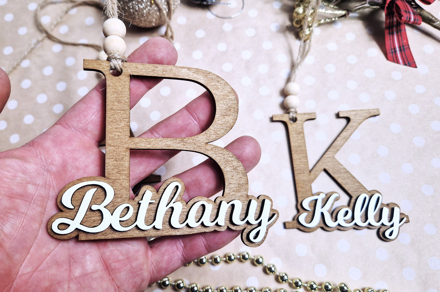 Personalised wooden letter name baubles / gift tags-Forth Craft and Designs