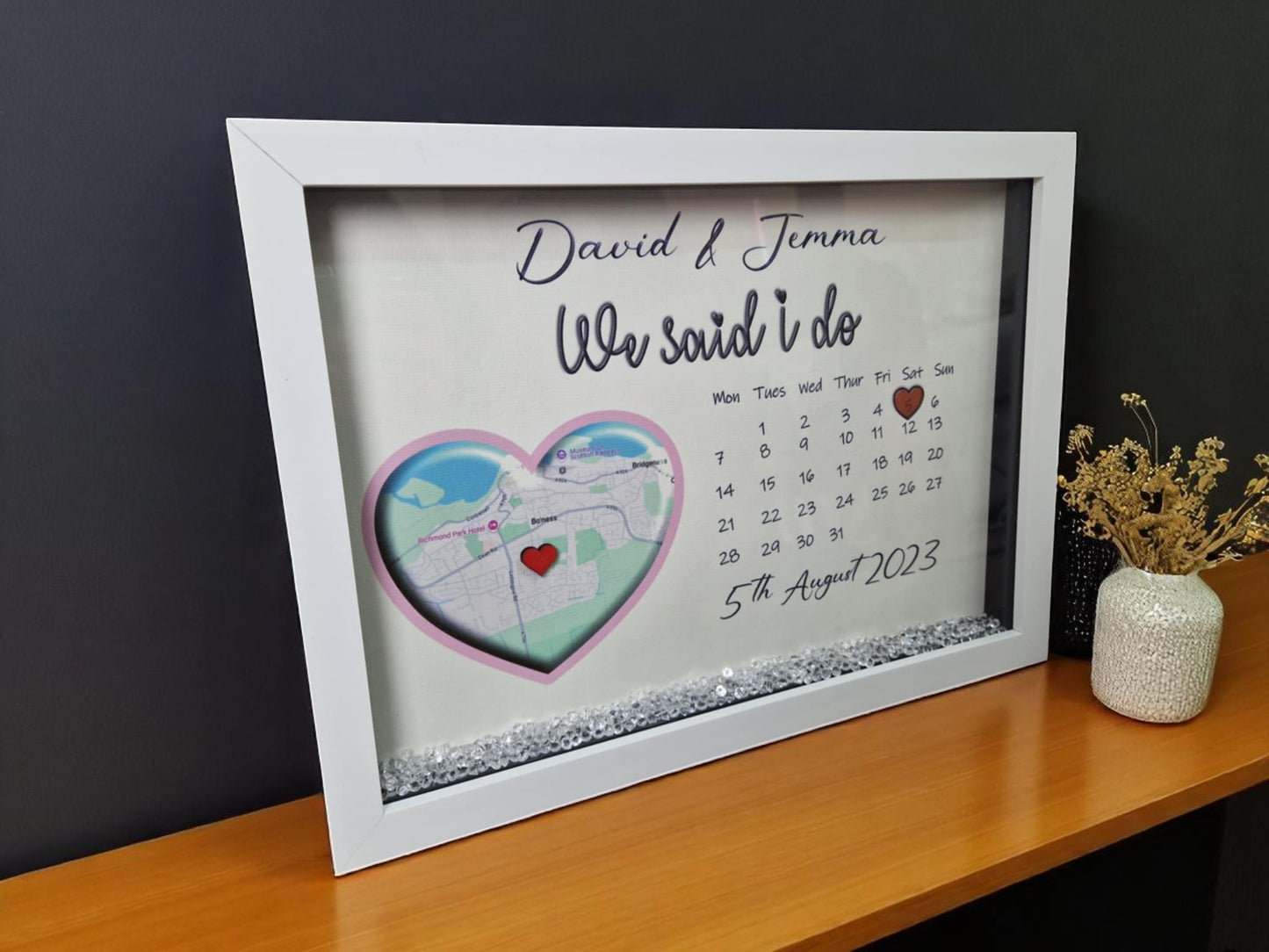 Personalised framed wedding map gift.