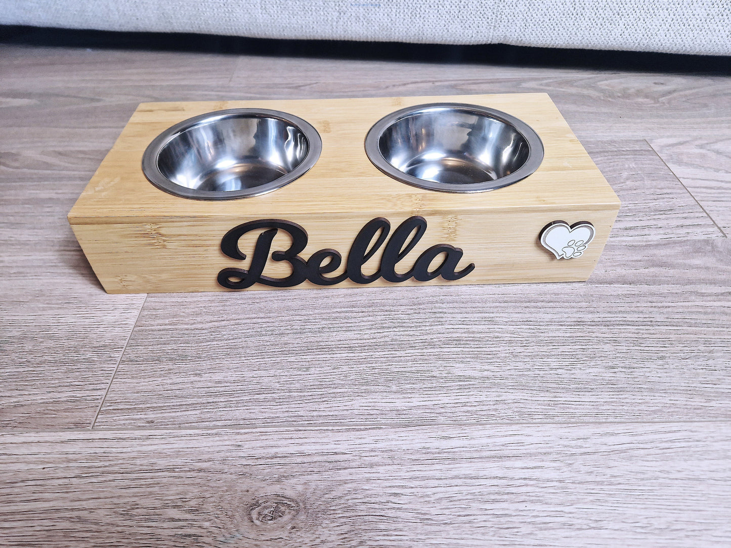 Personalised Wooden Dog feeding station with stainless steel bowls
