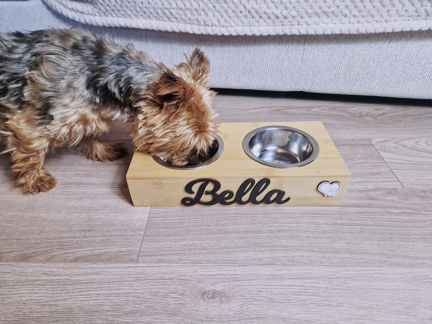 Personalised Wooden Dog feeding station with stainless steel bowls