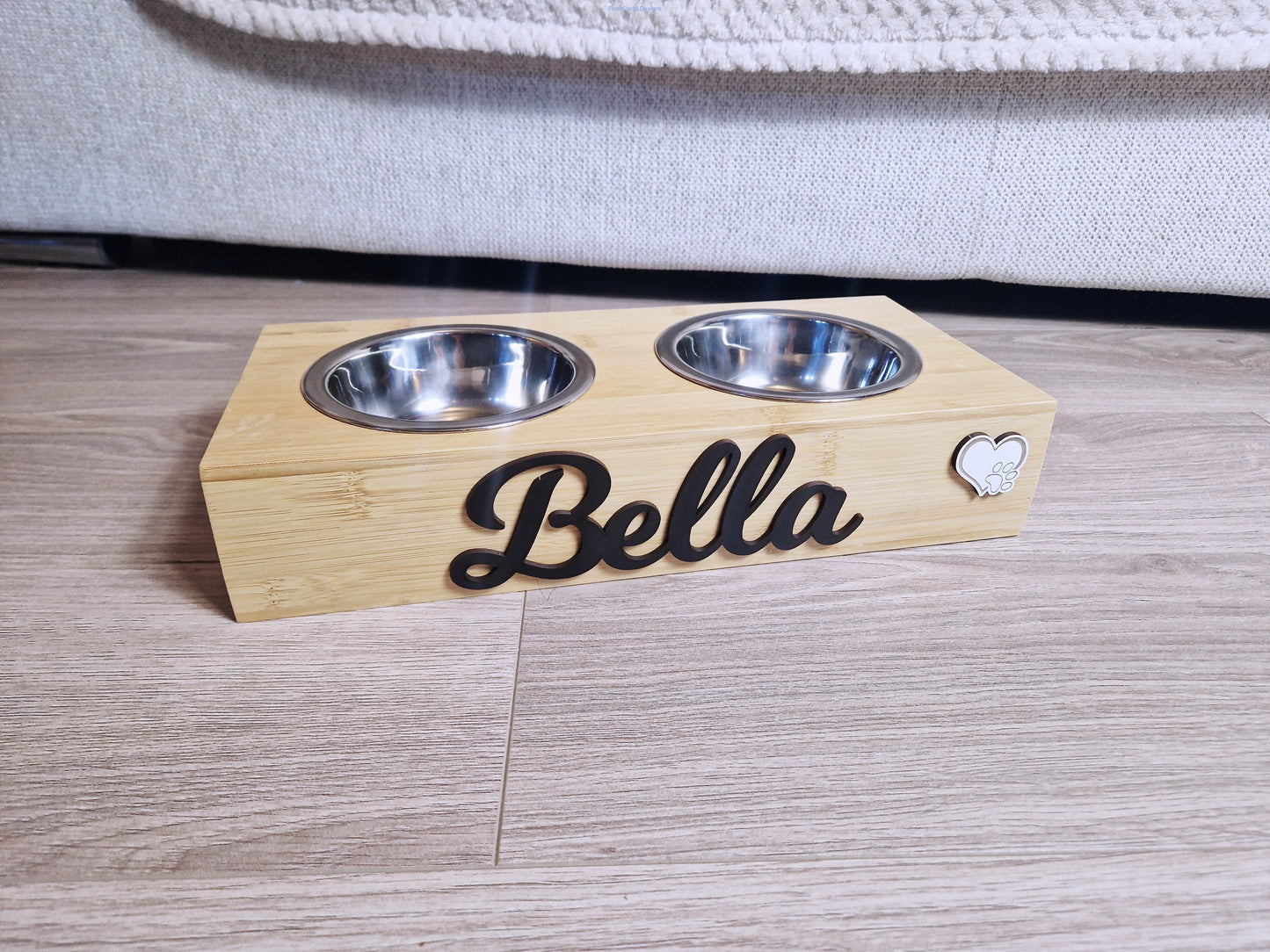 Personalised Wooden Dog feeding station with stainless steel bowls