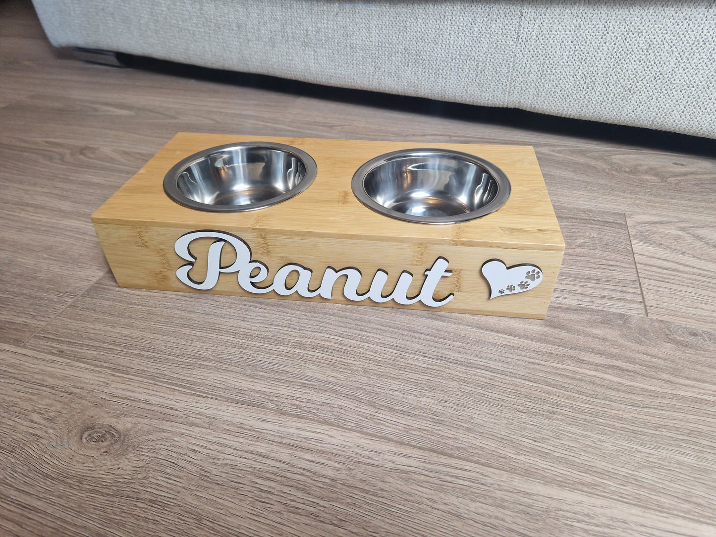 Personalised Wooden Dog feeding station with stainless steel bowls