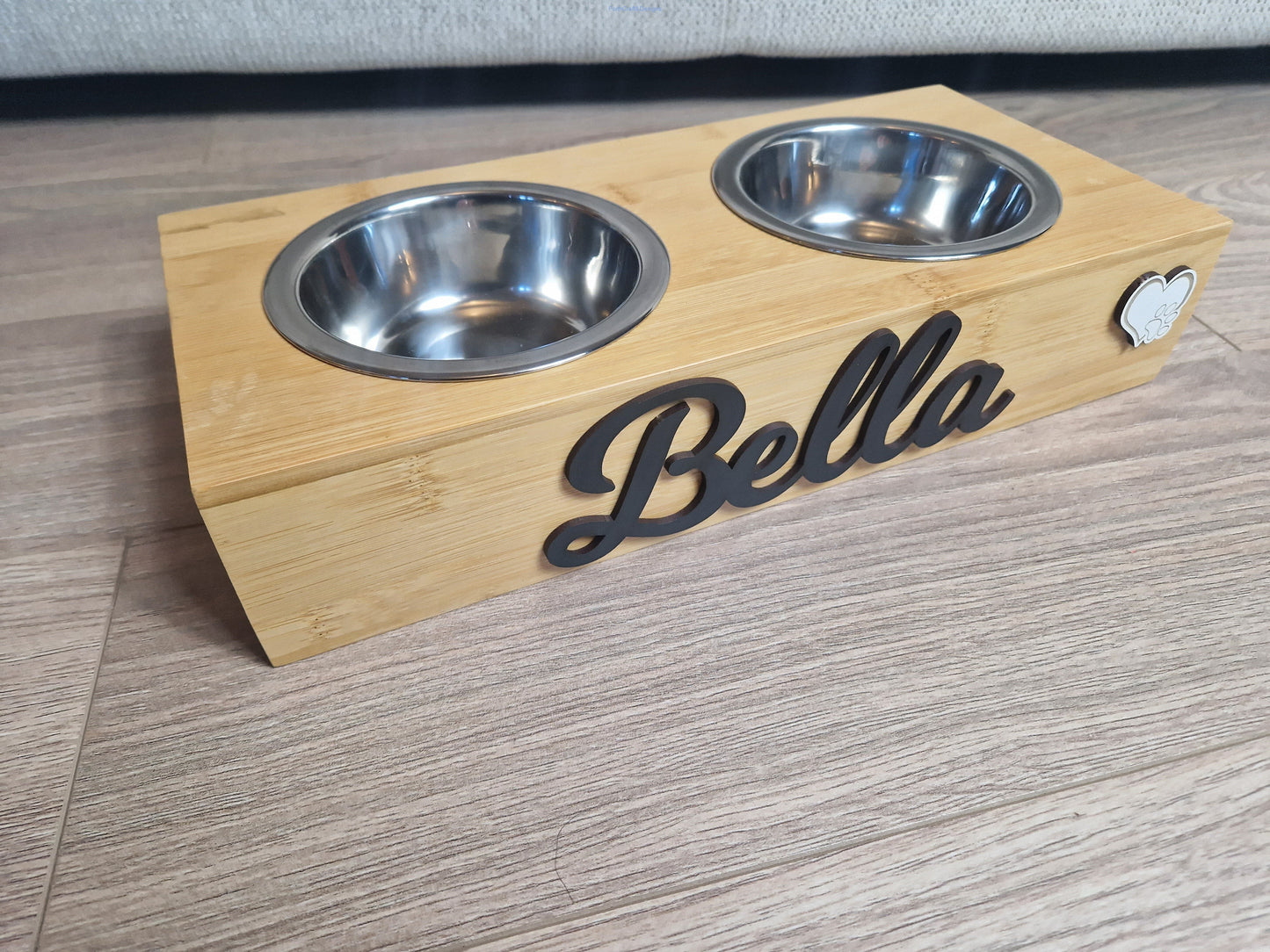Personalised Wooden Dog feeding station with stainless steel bowls