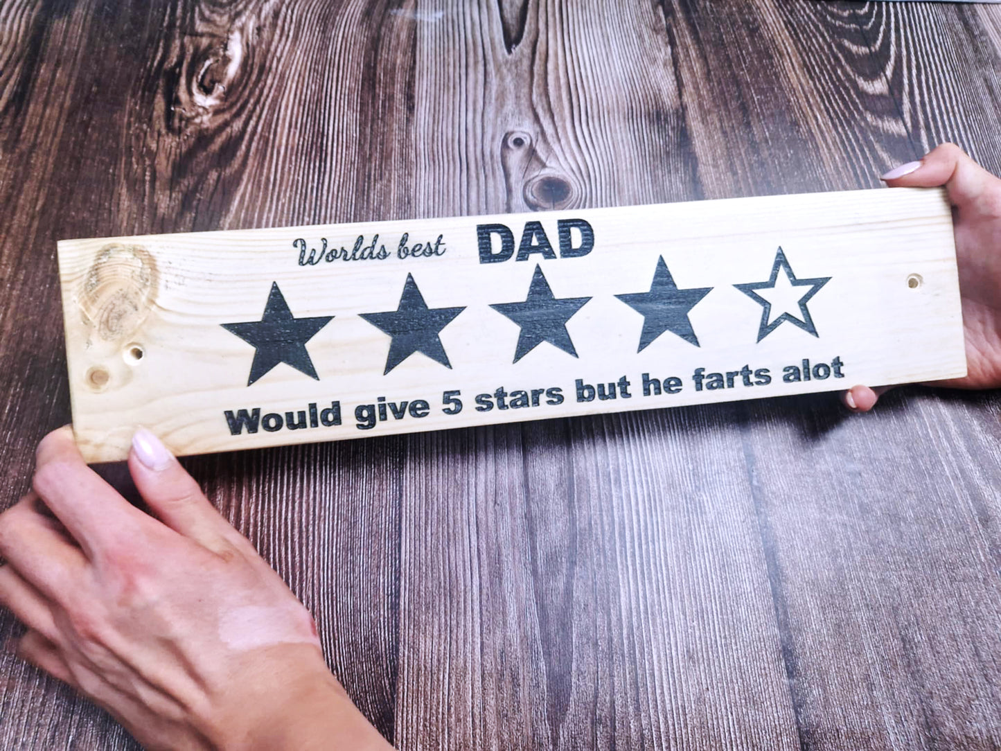Funny Wooden Dad Sign – 4 Star Fart Rating – Handmade Gift