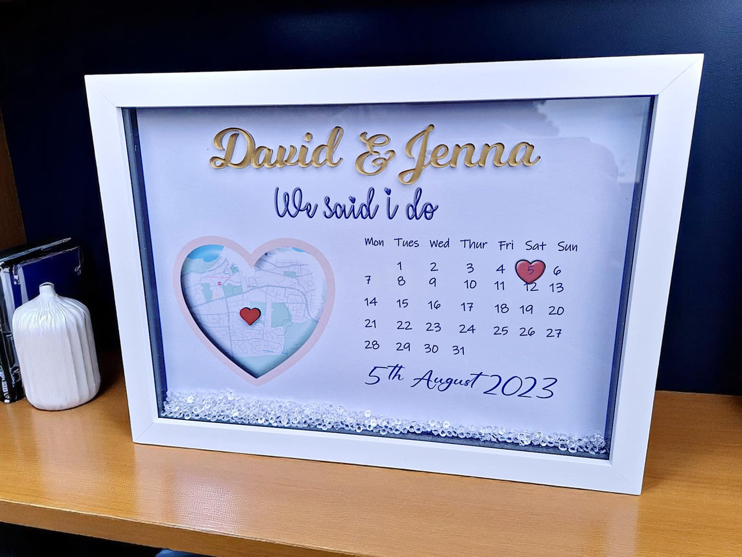 Personalised framed wedding map gift.