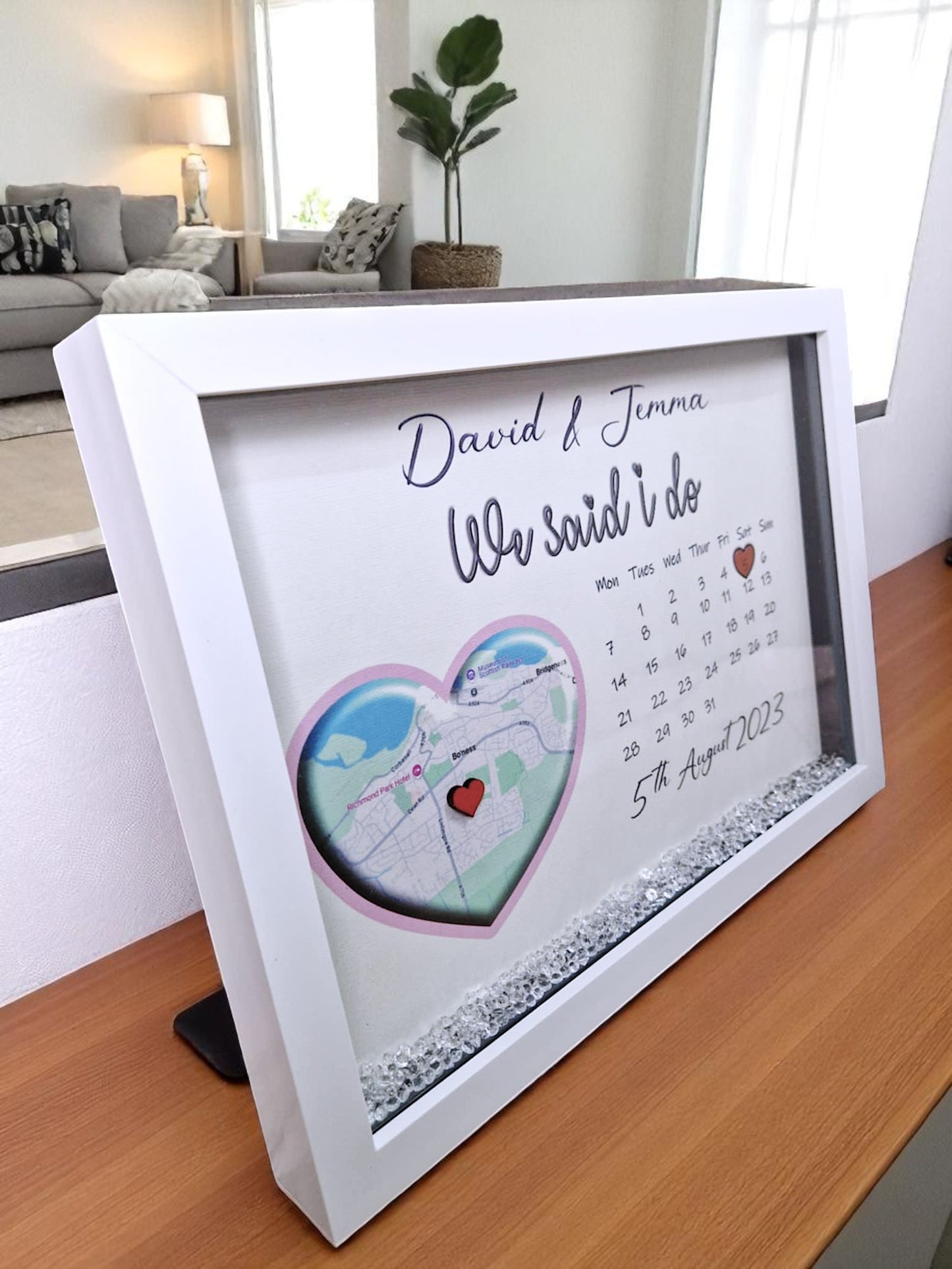 Personalised framed wedding map gift.