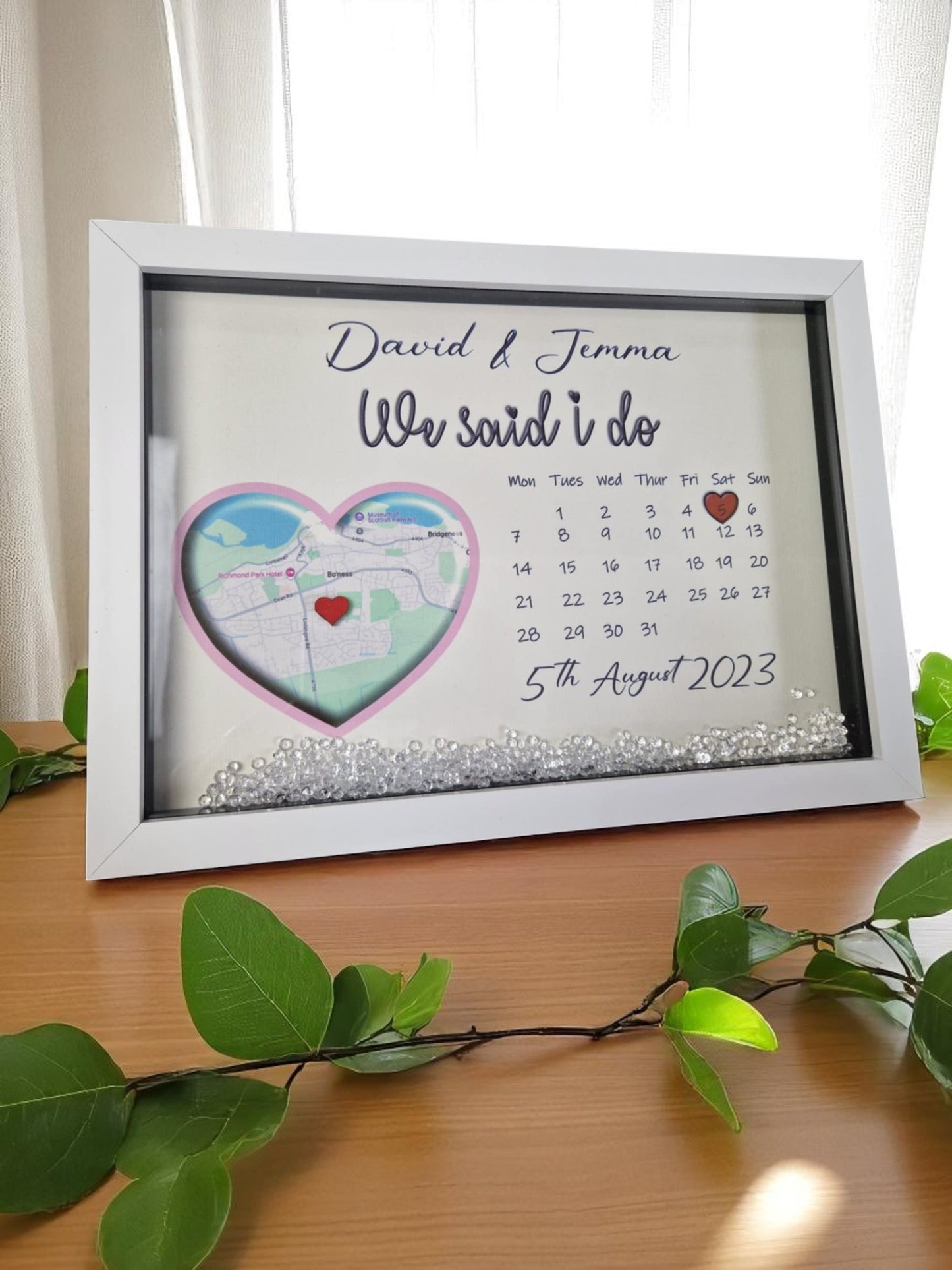 Personalised framed wedding map gift.