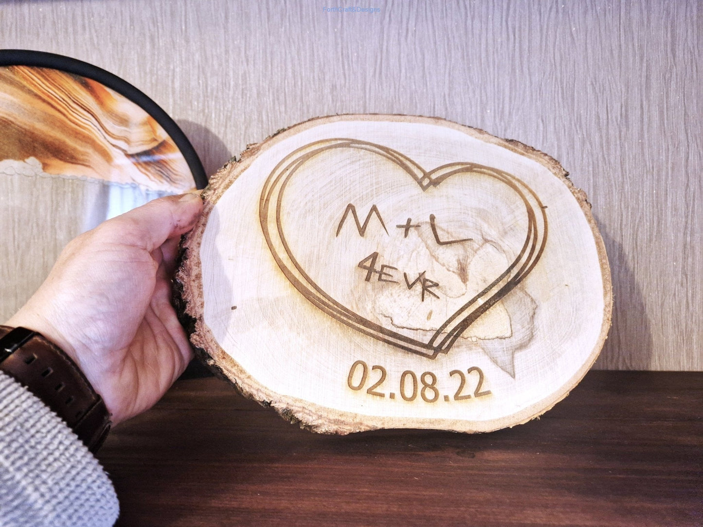 Engraved log slice, wedding/anniversary gift