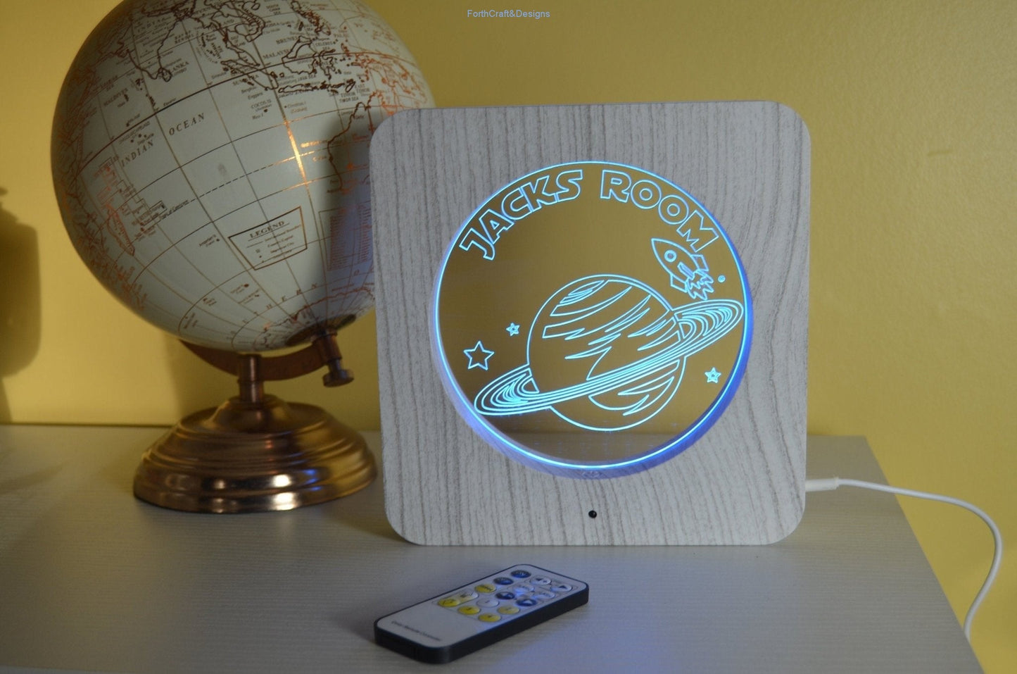LED night light wood effect, personalised sign, space rocket themed
