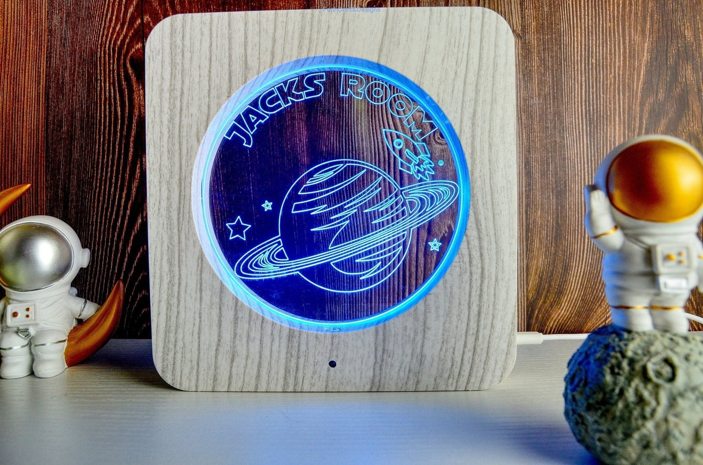 LED night light wood effect, personalised sign, space rocket themed