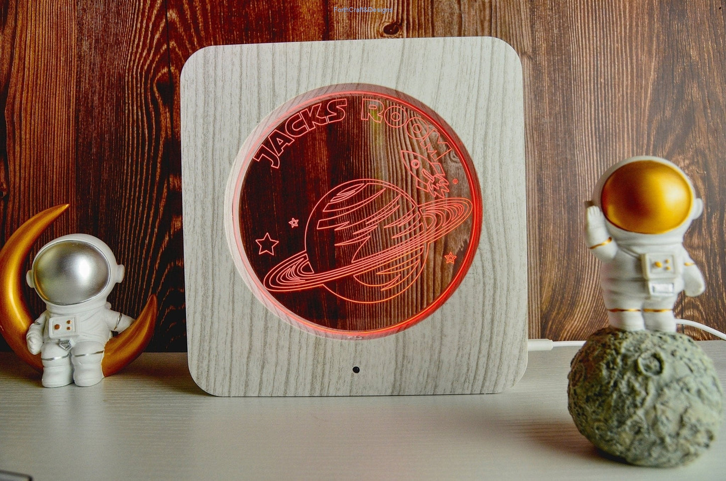 LED night light wood effect, personalised sign, space rocket themed