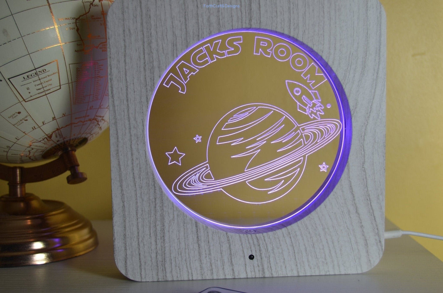 LED night light wood effect, personalised sign, space rocket themed