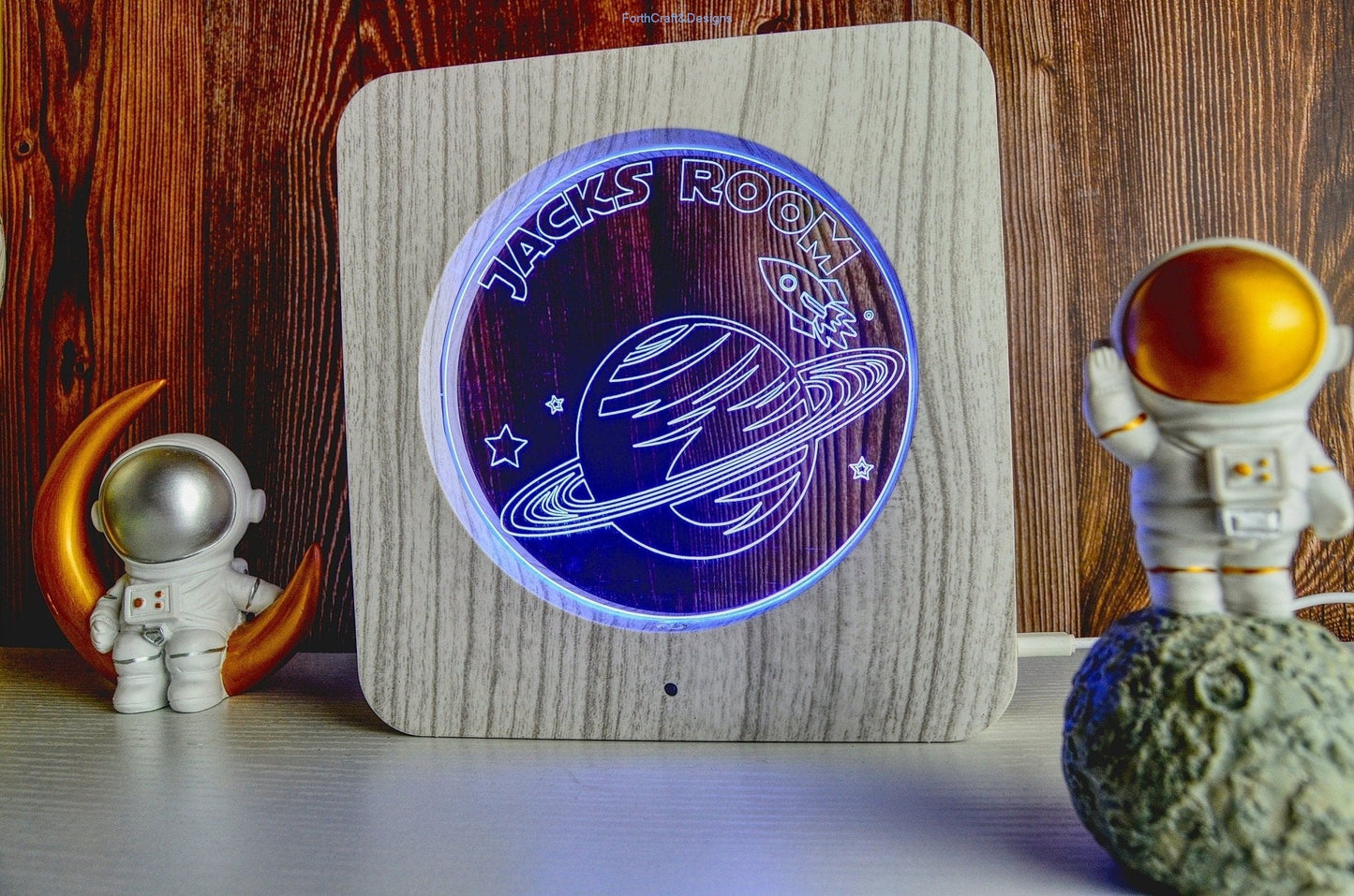 LED night light wood effect, personalised sign, space rocket themed