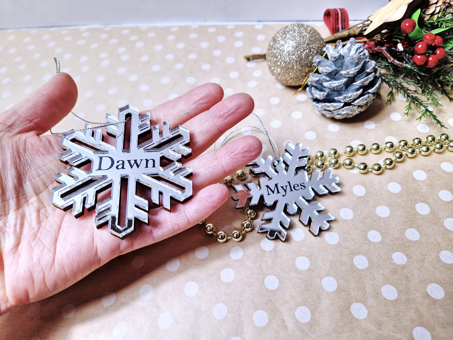 Personalised snowflake tree baubles or gift bag tags.