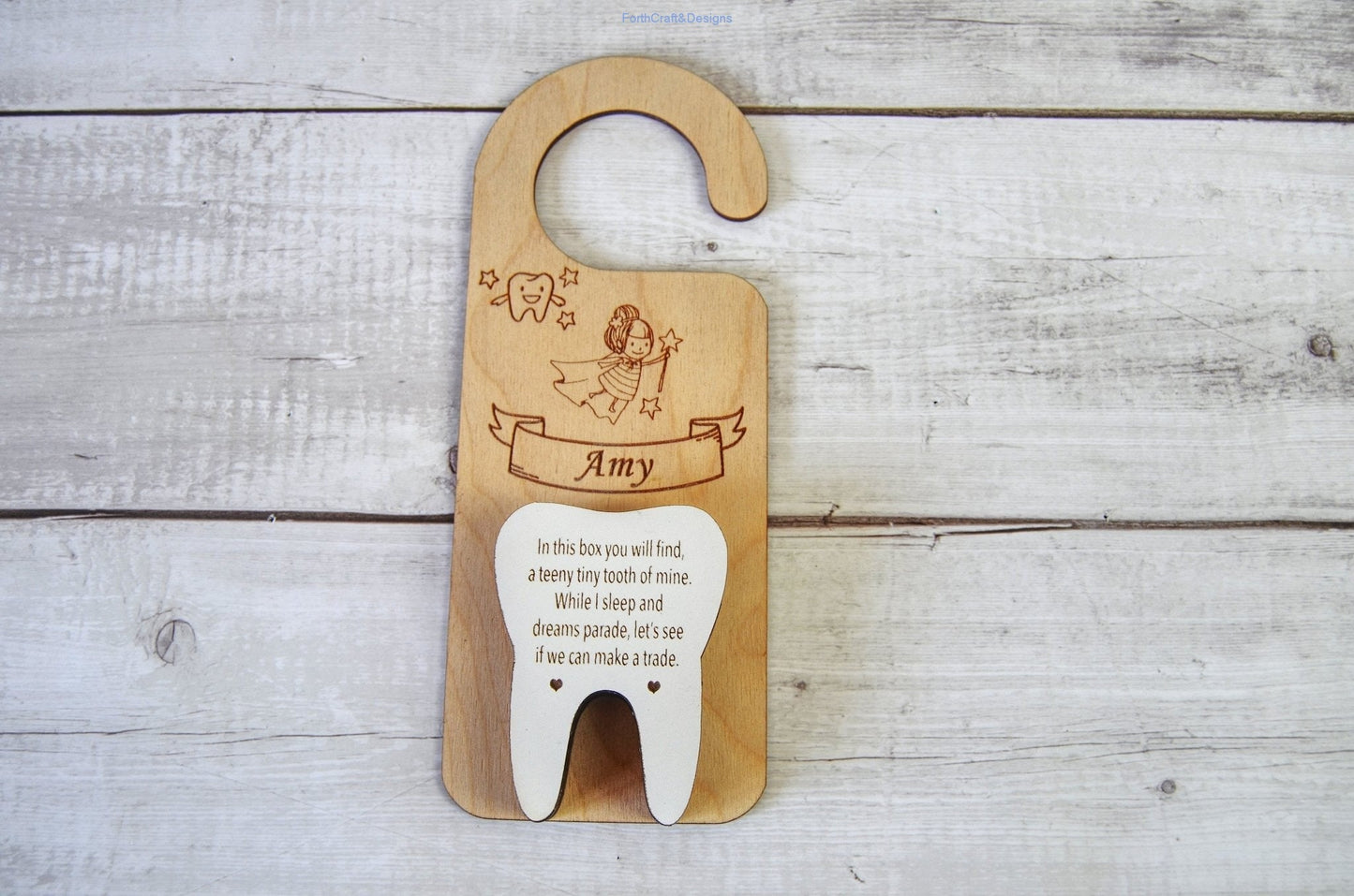 Personalised engraved wooden Tooth fairy door hanger