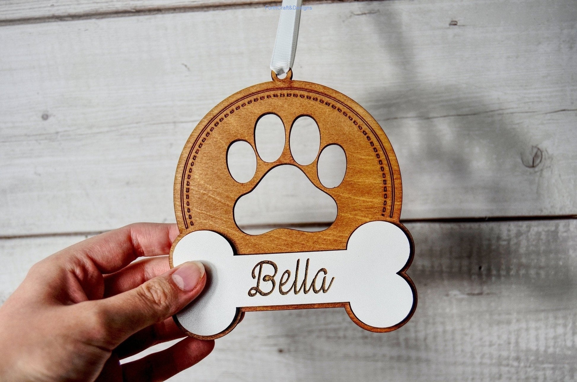 Personalised pet dog wooden tree baubles,