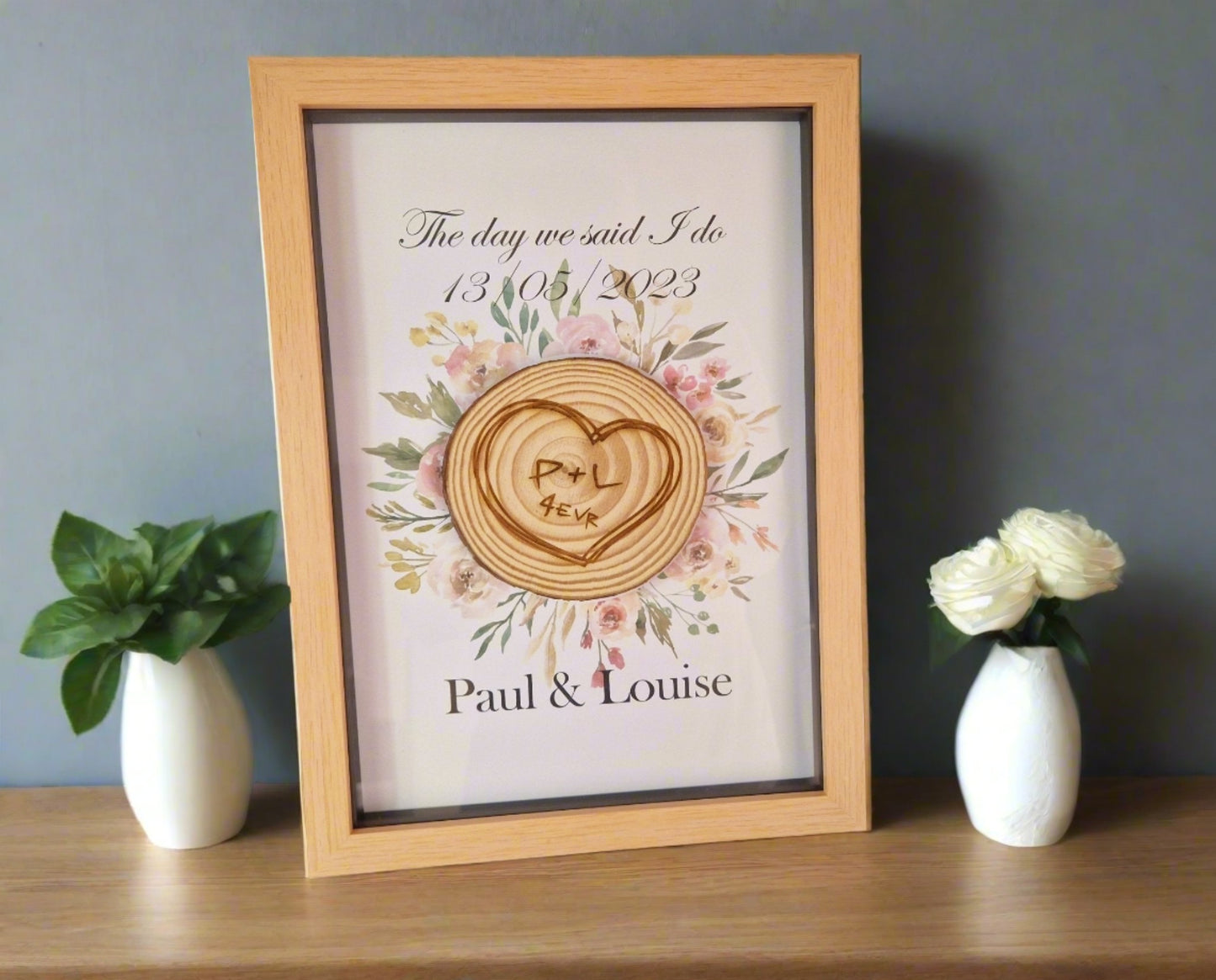 Personalised wedding or Anniversary framed log slice gift