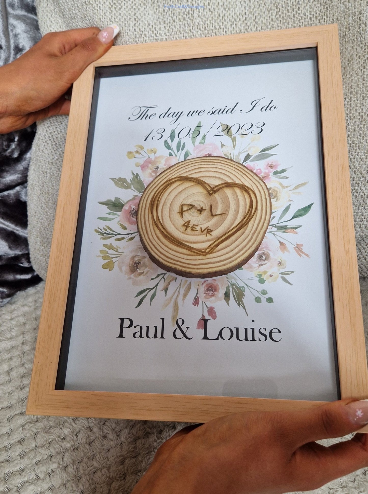 Personalised wedding or Anniversary framed log slice gift