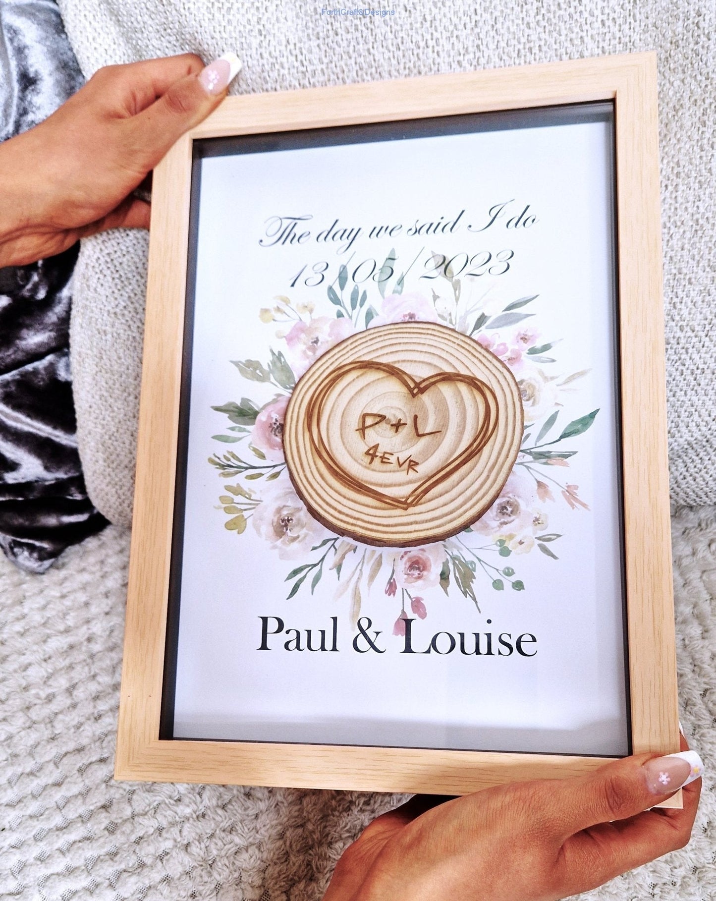 Personalised wedding or Anniversary framed log slice gift