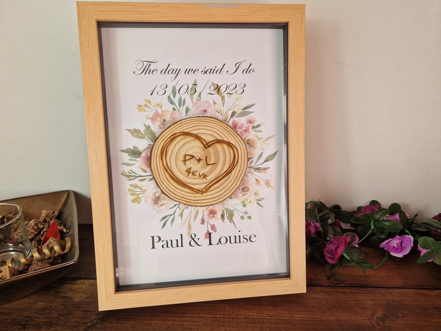 Personalised wedding or Anniversary framed log slice gift