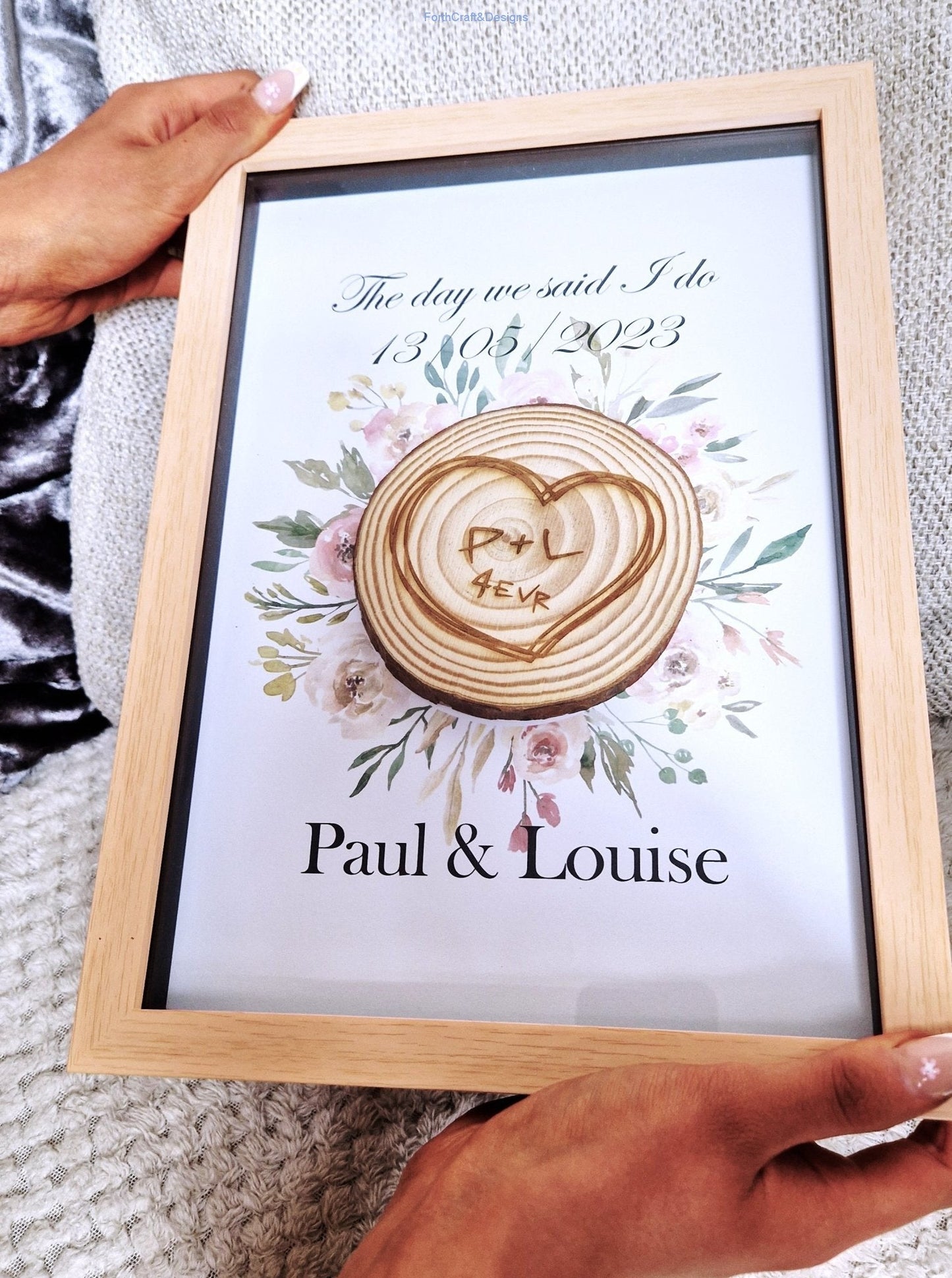 Personalised wedding or Anniversary framed log slice gift