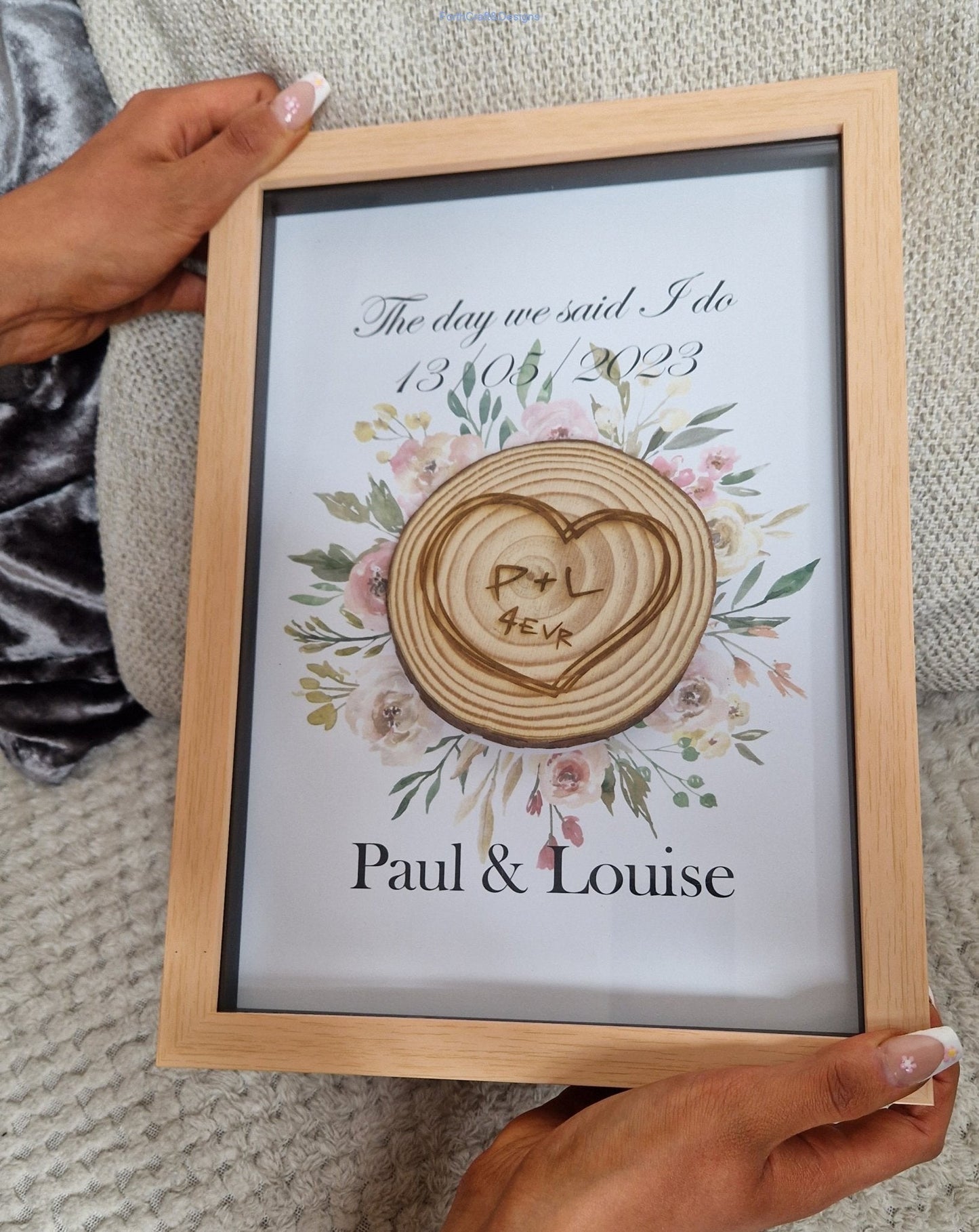 Personalised wedding or Anniversary framed log slice gift