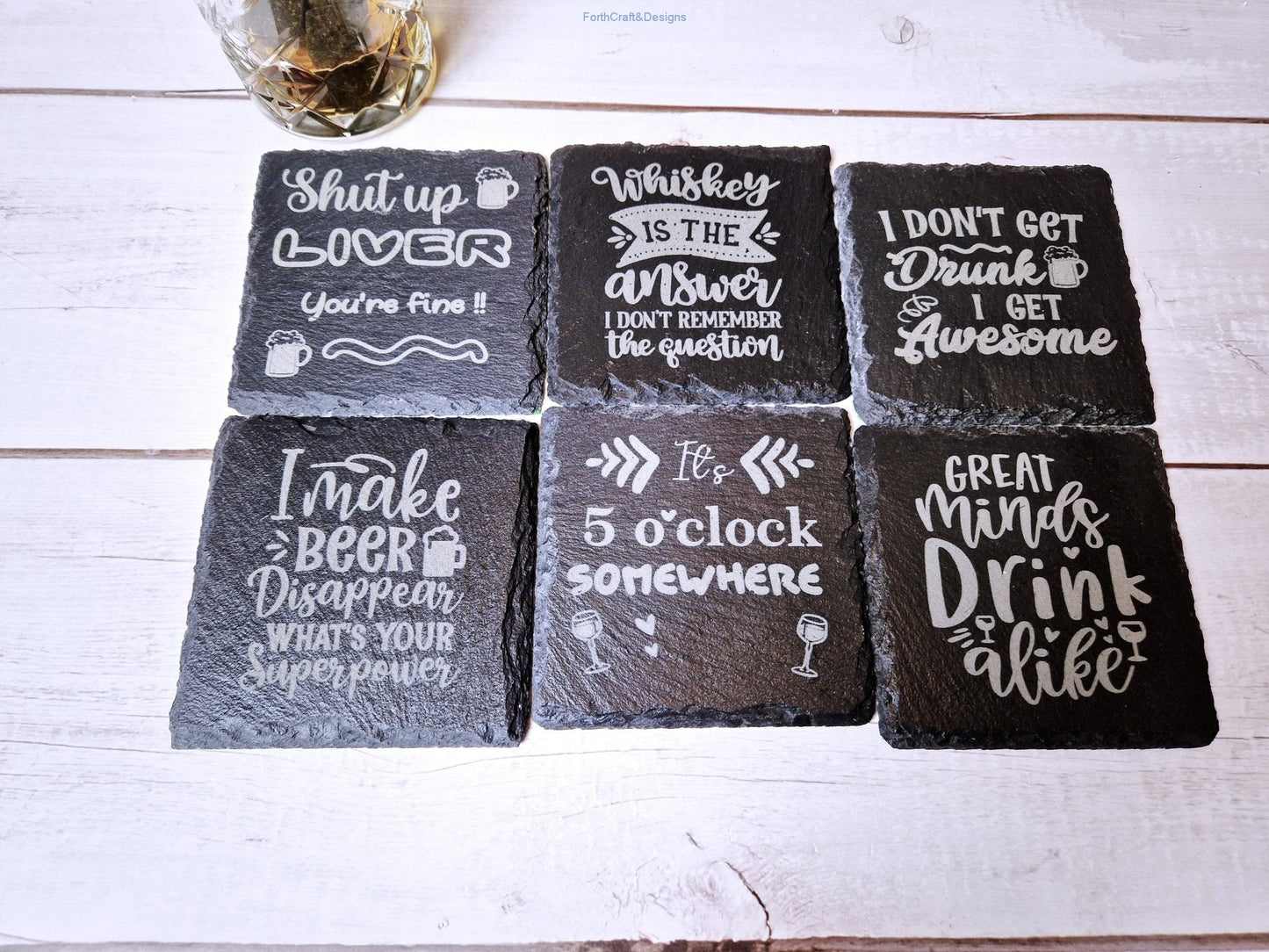 Slate bar coasters, funny drinking quotes