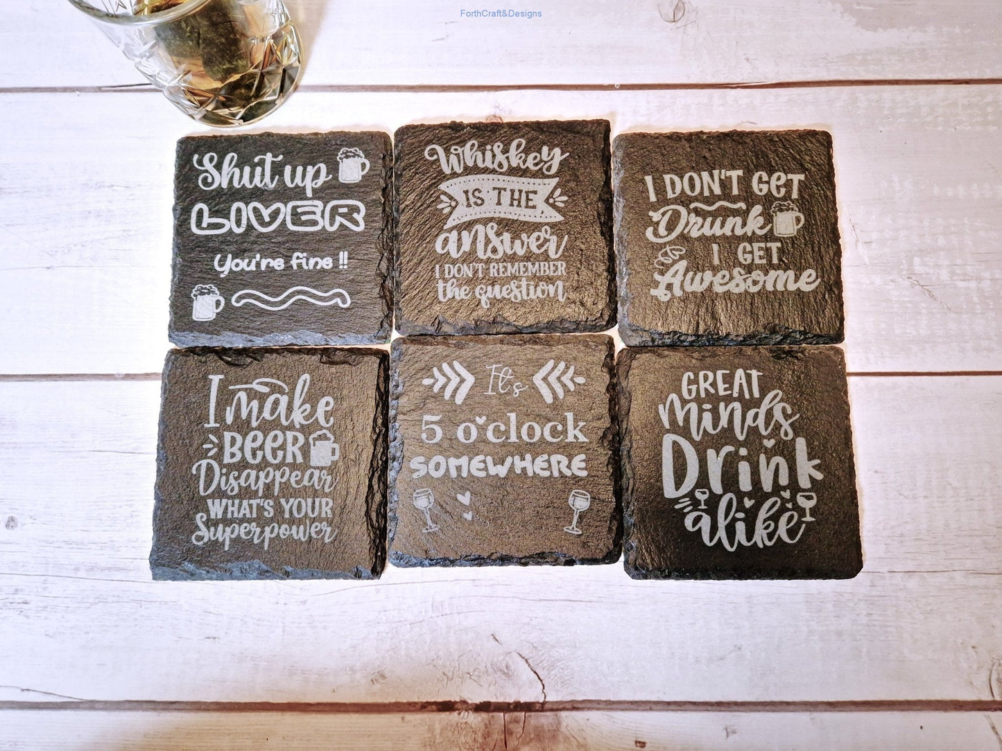 Slate bar coasters, funny drinking quotes
