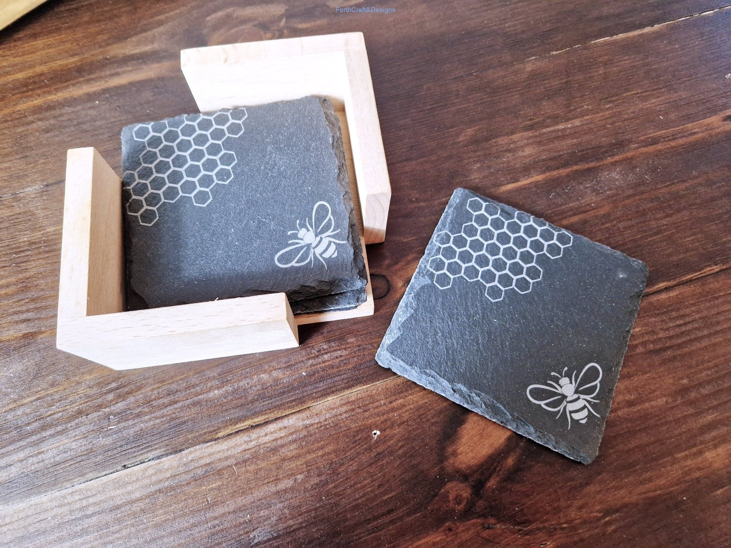 Slate coaster set bee design