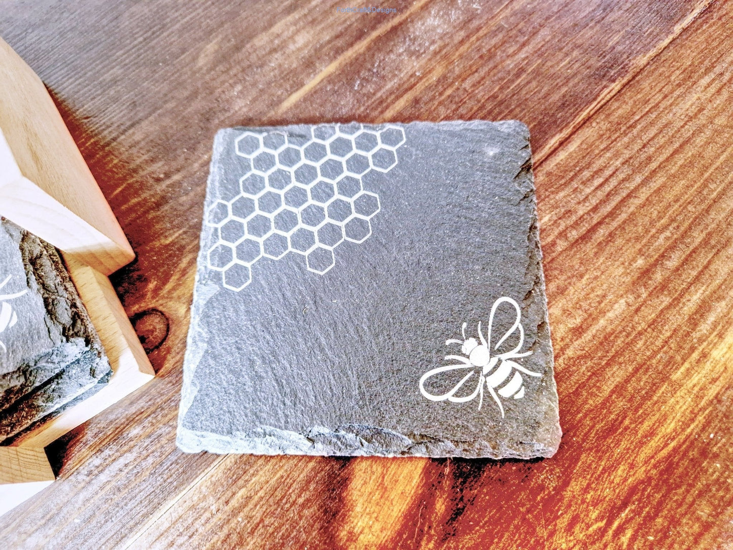 Slate coaster set bee design