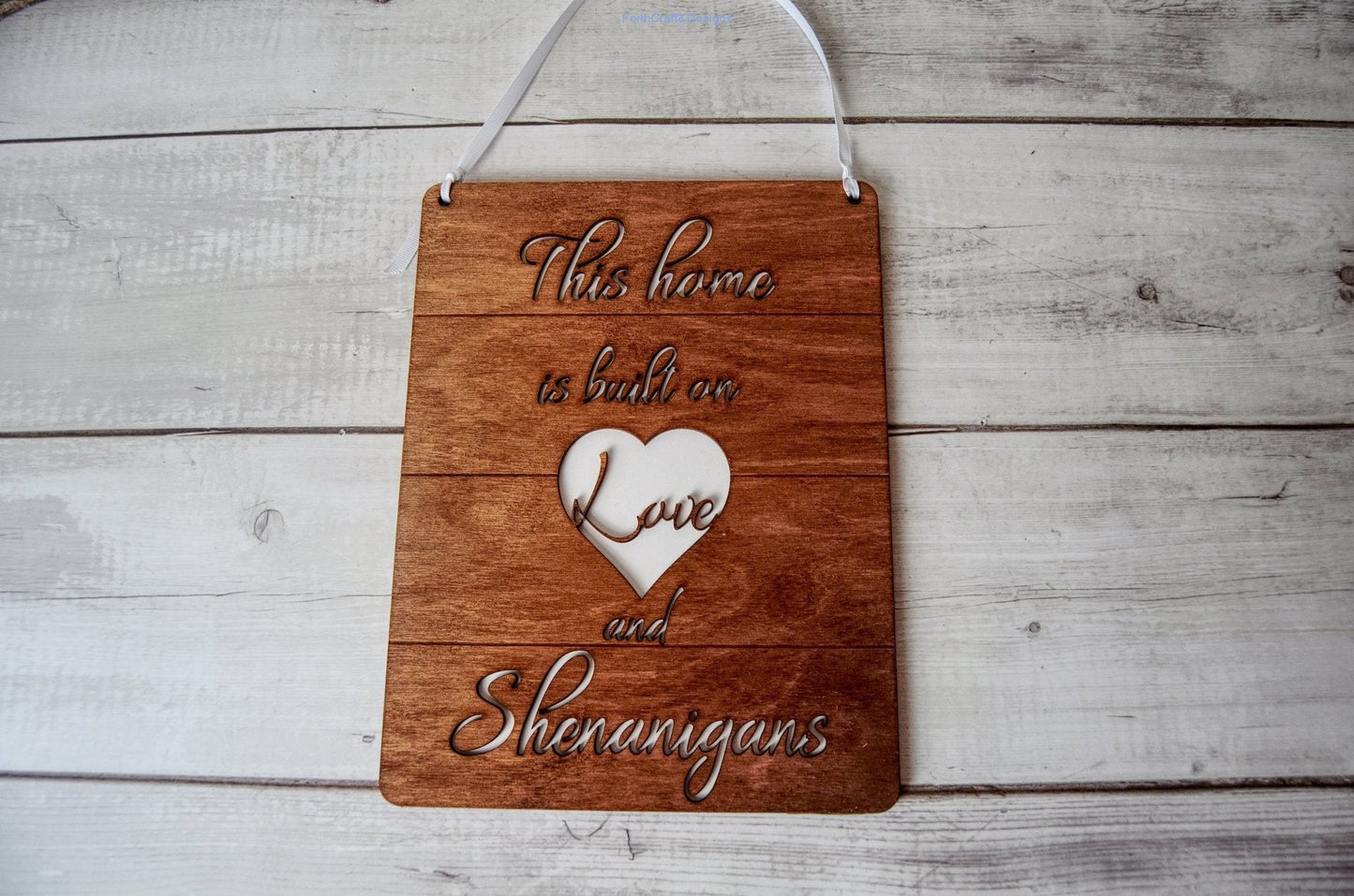 Wooden this home is built on love and shenanigans sign