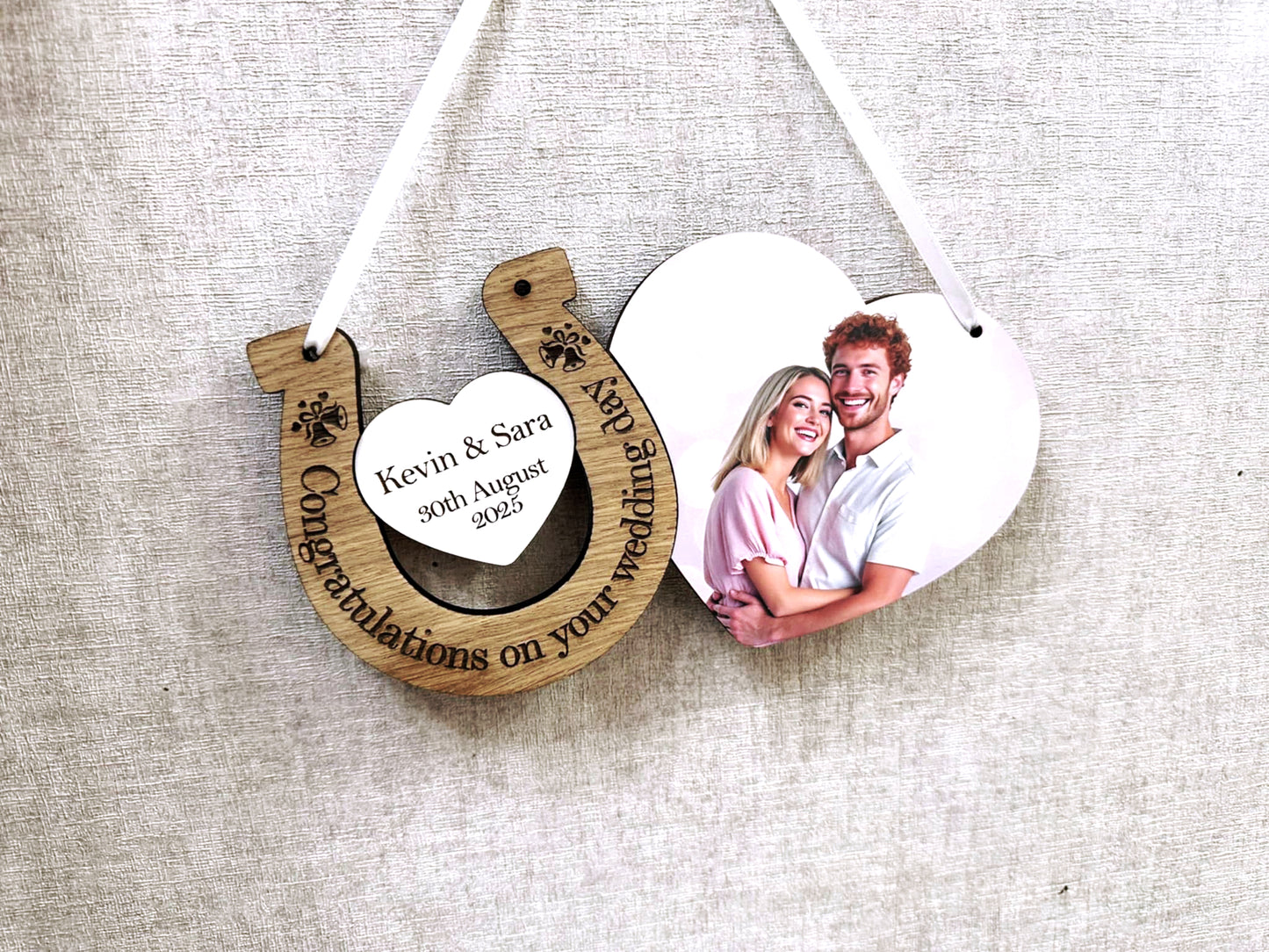 Personalised Wedding Horseshoe Gift – Wooden Heart Keepsake with Photo