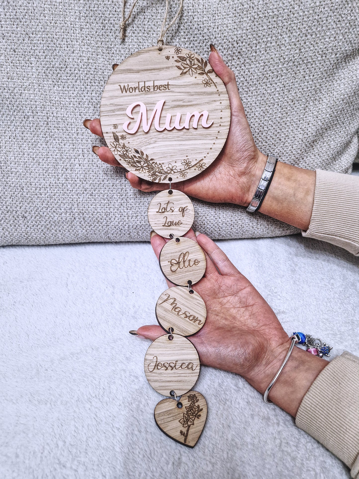Personalised wooden mothers day wall hanging gift.