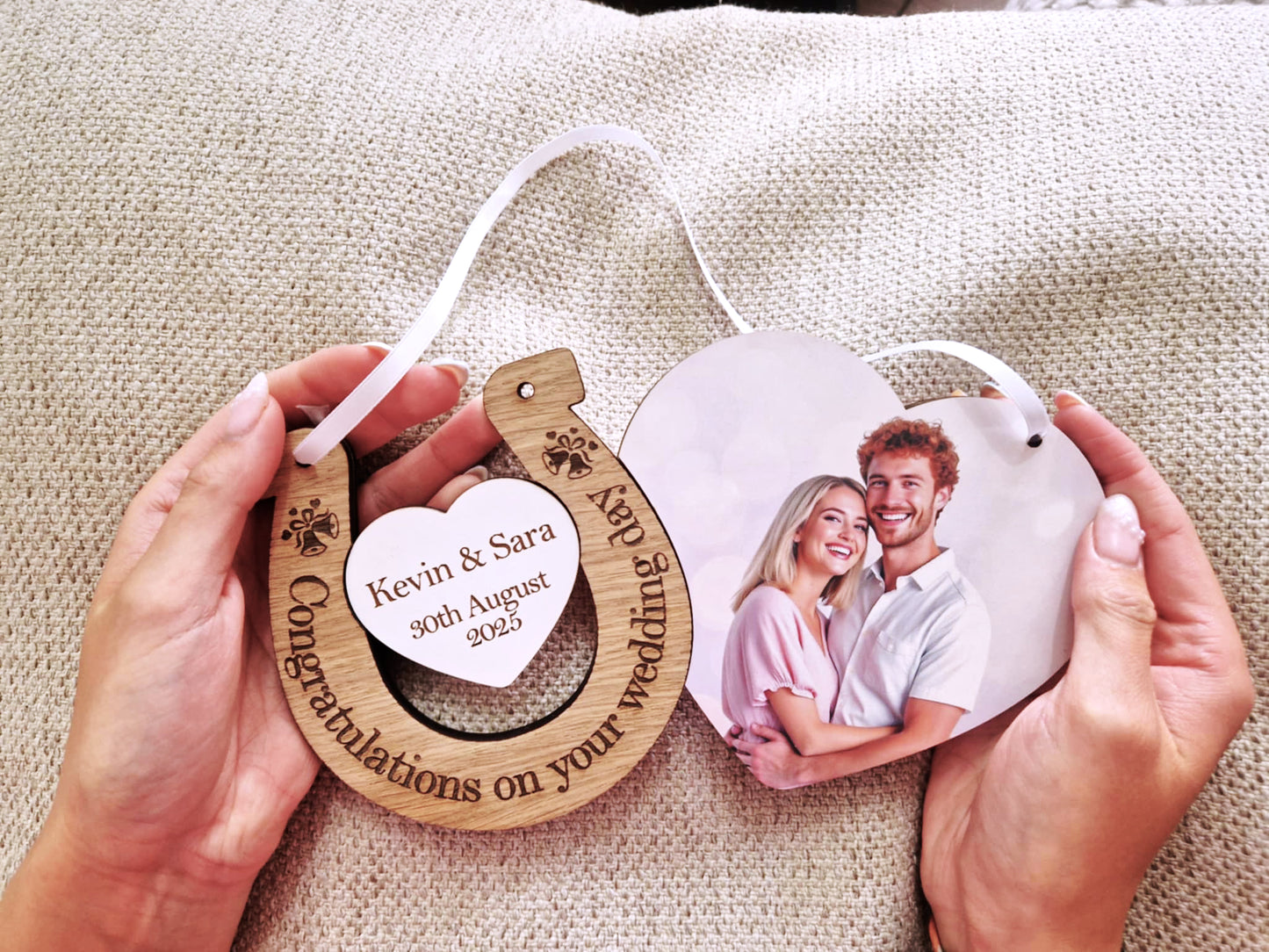 Personalised Wedding Horseshoe Gift – Wooden Heart Keepsake with Photo