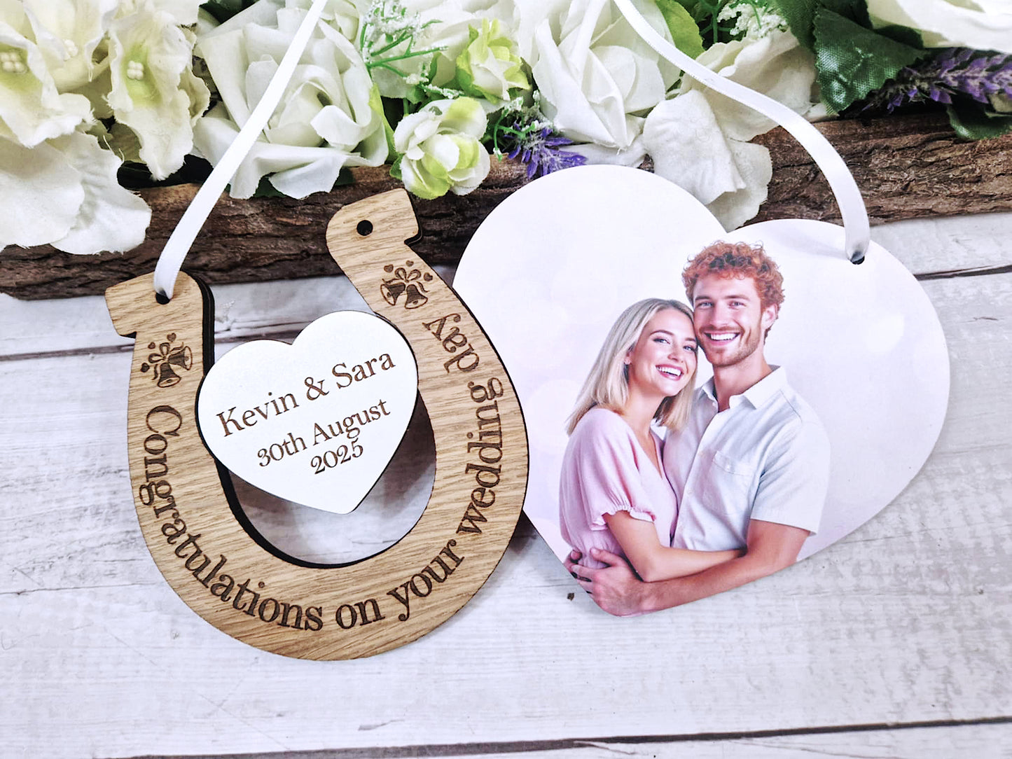 Personalised Wedding Horseshoe Gift – Wooden Heart Keepsake with Photo