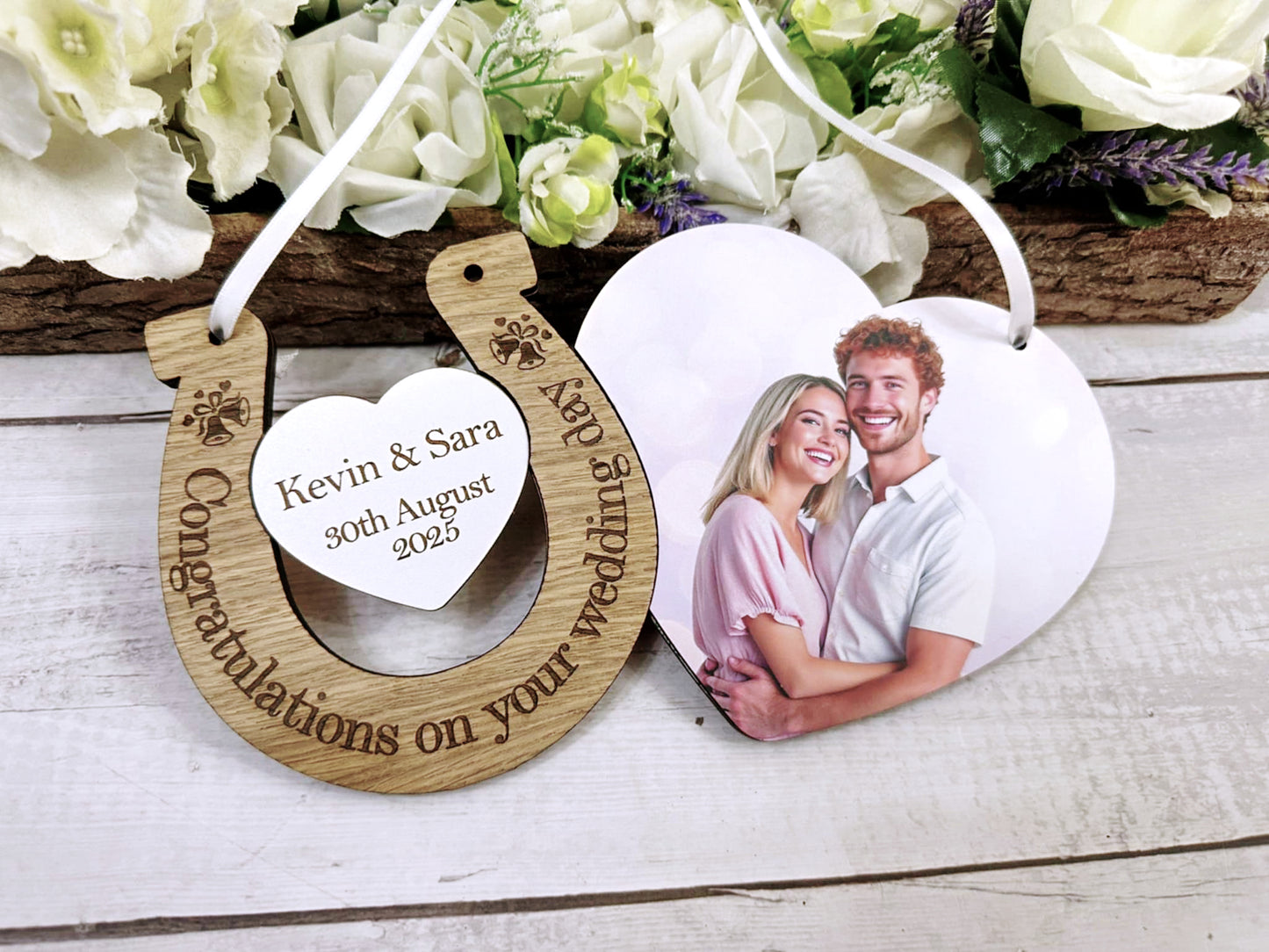 Personalised Wedding Horseshoe Gift – Wooden Heart Keepsake with Photo