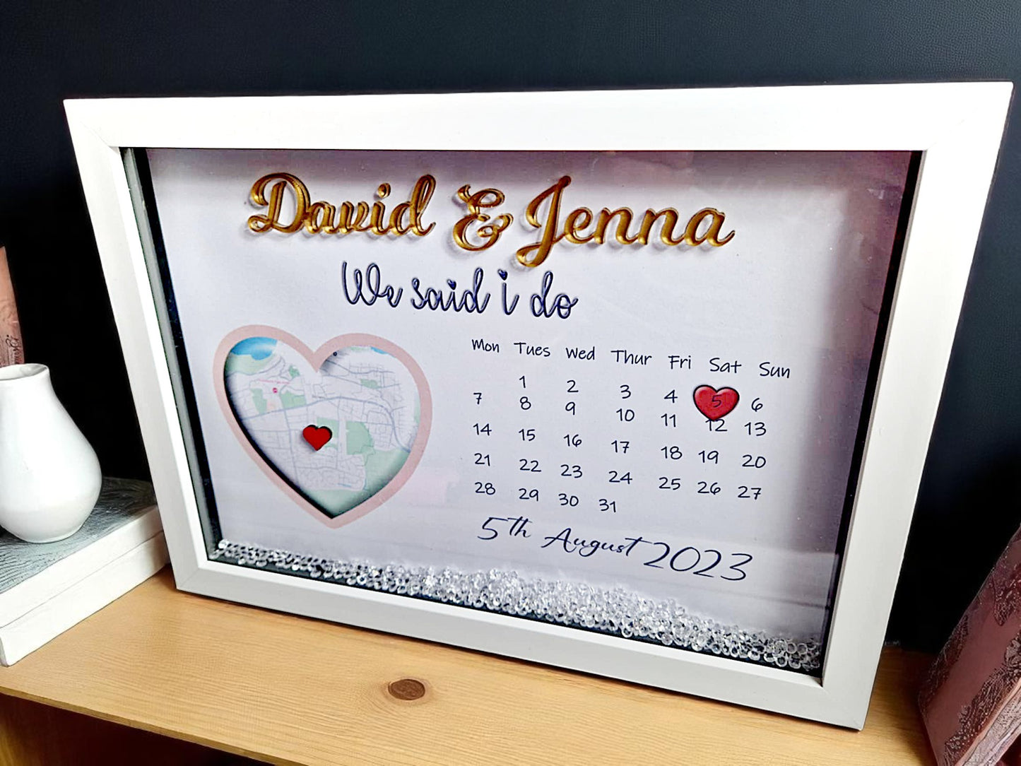 Personalised framed wedding map gift.