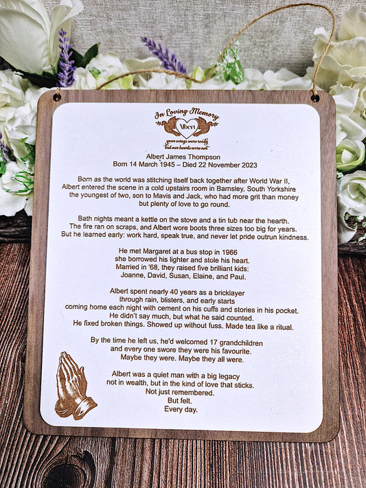 The Story of Them. Personalised Wooden Memorial Plaque