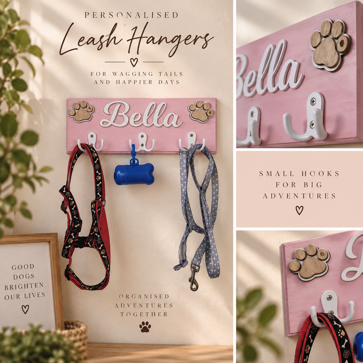 Personalised Pine Dog Leash Hanger with Name & Paw Print