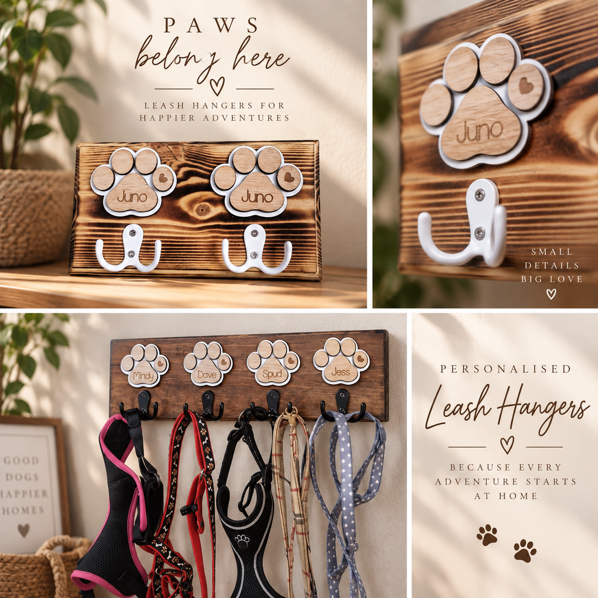 Personalised Pine Dog Leash Hanger with Name & Paw Print