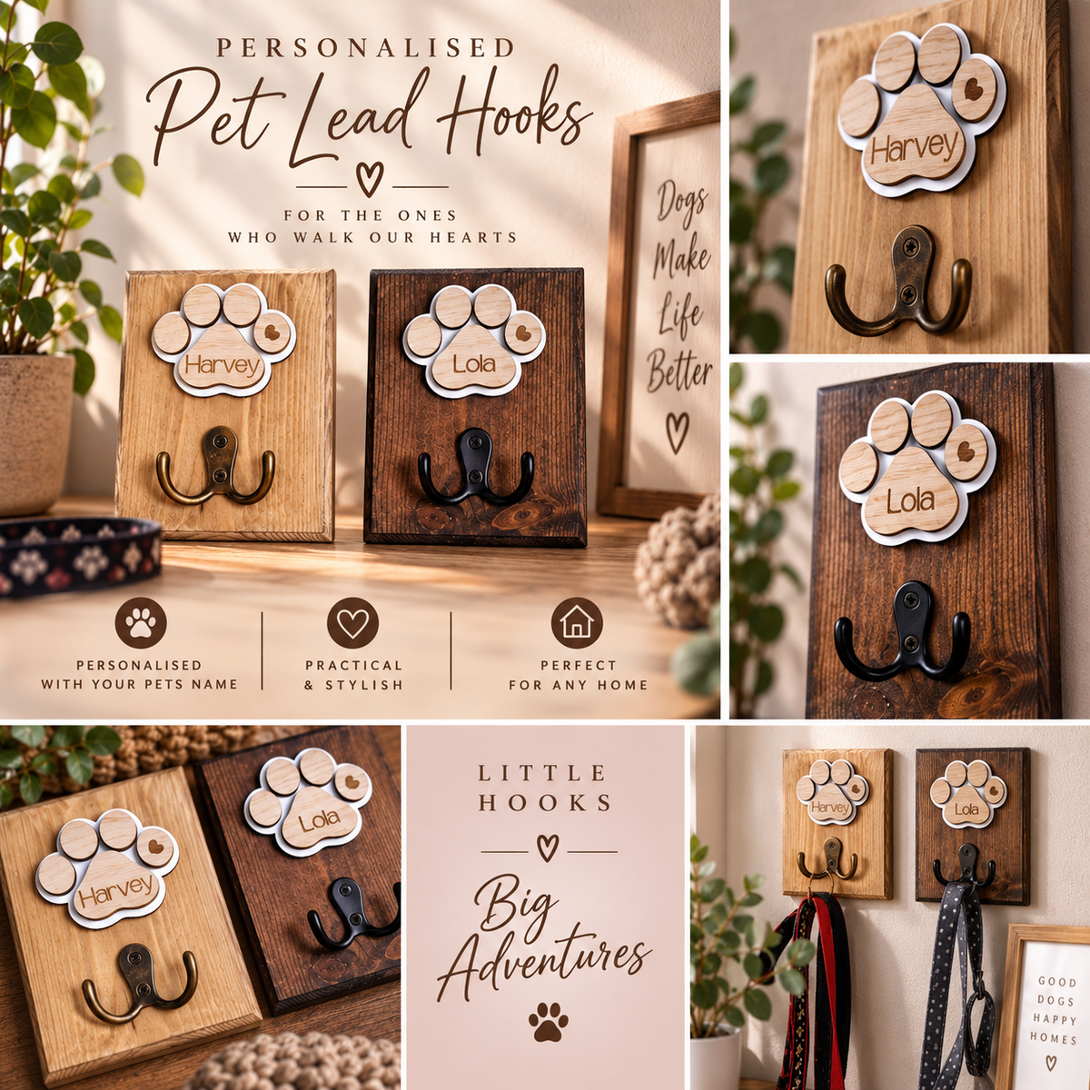 Personalised Pine Dog Leash Hanger with Name & Paw Print