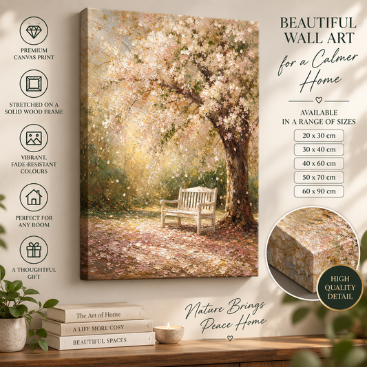 Blossom Tree Canvas Wall Art – Peaceful Garden Bench Print in Soft Neutral Tones