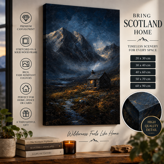 Moody Scottish Mountain Canvas Wall Art – Dark Bothy Landscape Print with Warm Cottage Light