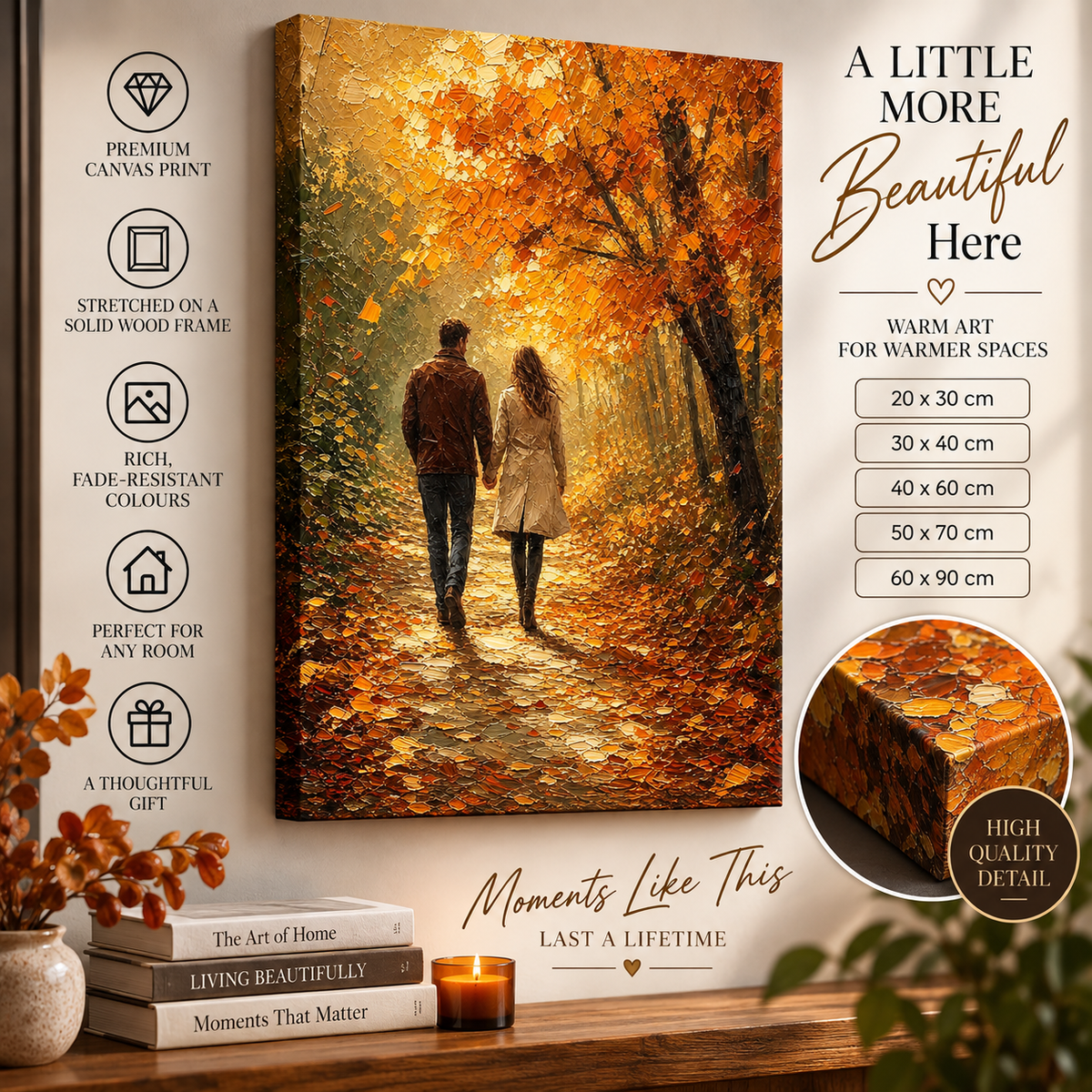 Autumn Couple Canvas Wall Art – Romantic Woodland Walk Print in Warm Orange & Gold Tones